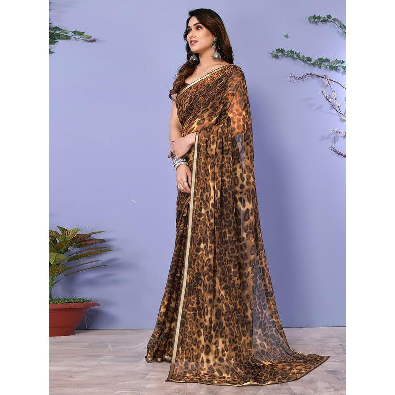 SIRIL Womens Animal Printed Chiffon Saree with Unstitched Blouse Piece (3296S573_Dark Brown)