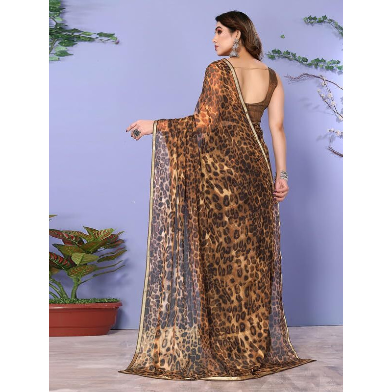SIRIL Womens Animal Printed Chiffon Saree with Unstitched Blouse Piece (3296S573_Dark Brown)