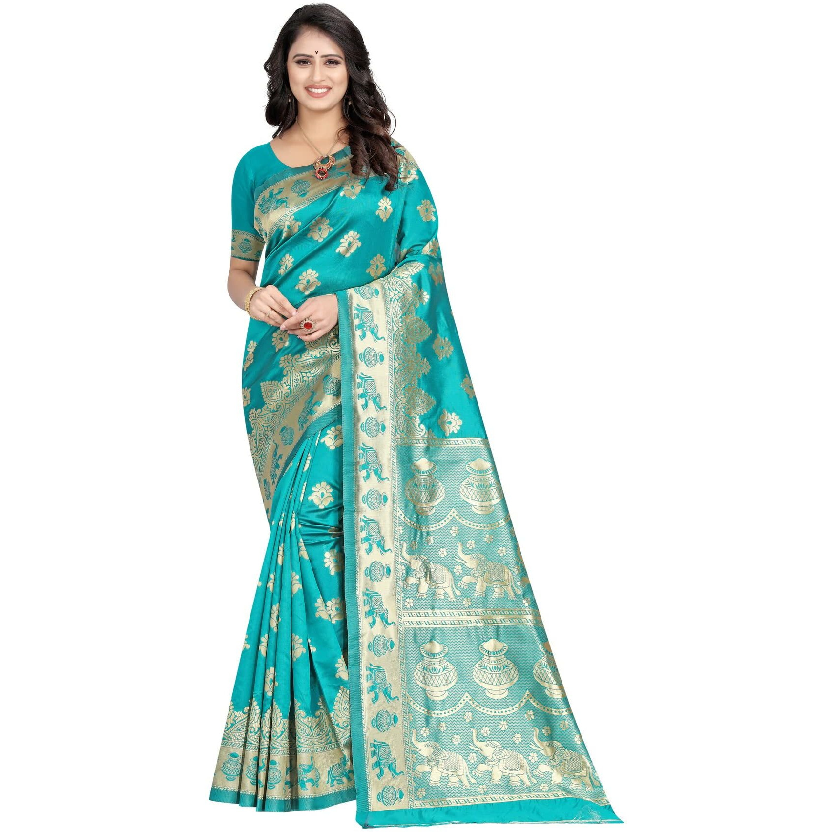 Sugathari Womens Banarasi Saree Pure Kanjivaram Silk Saree Soft new ladies 2023 Design Wear Pattu Sarees Latest Cotton Party Sari collections With Blouse Piece for Wedding sadi (SAM SAN 9016-FIROZI)