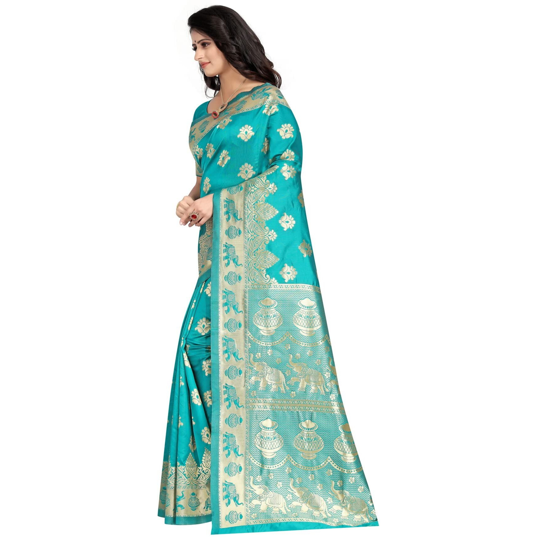 Sugathari Womens Banarasi Saree Pure Kanjivaram Silk Saree Soft new ladies 2023 Design Wear Pattu Sarees Latest Cotton Party Sari collections With Blouse Piece for Wedding sadi (SAM SAN 9016-FIROZI)