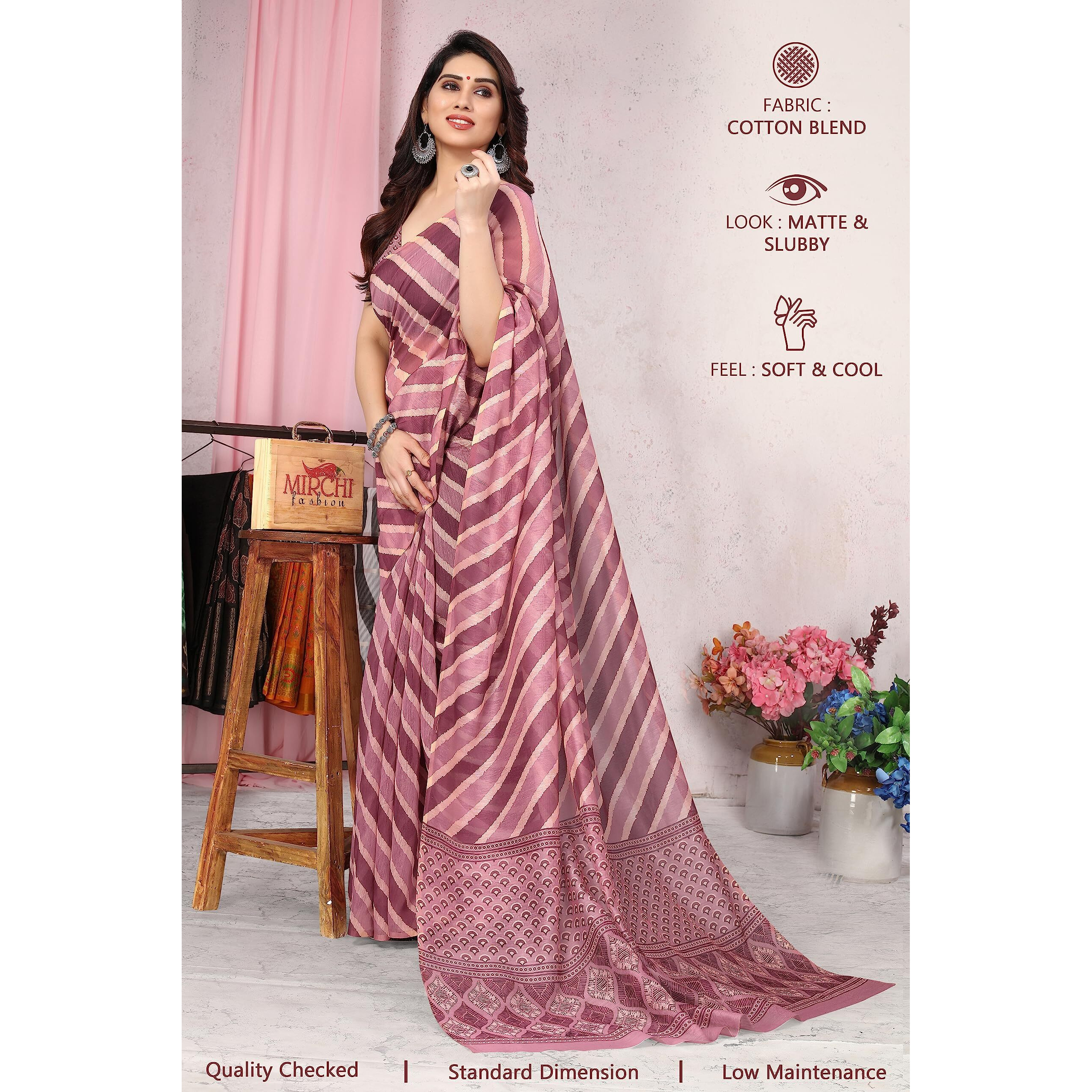 MIRCHI FASHION Womens Plain Weave Cotton Blend Leheriya Digital Printed Saree with Blouse Piece (37687-Dusty Pink, Light Pink)