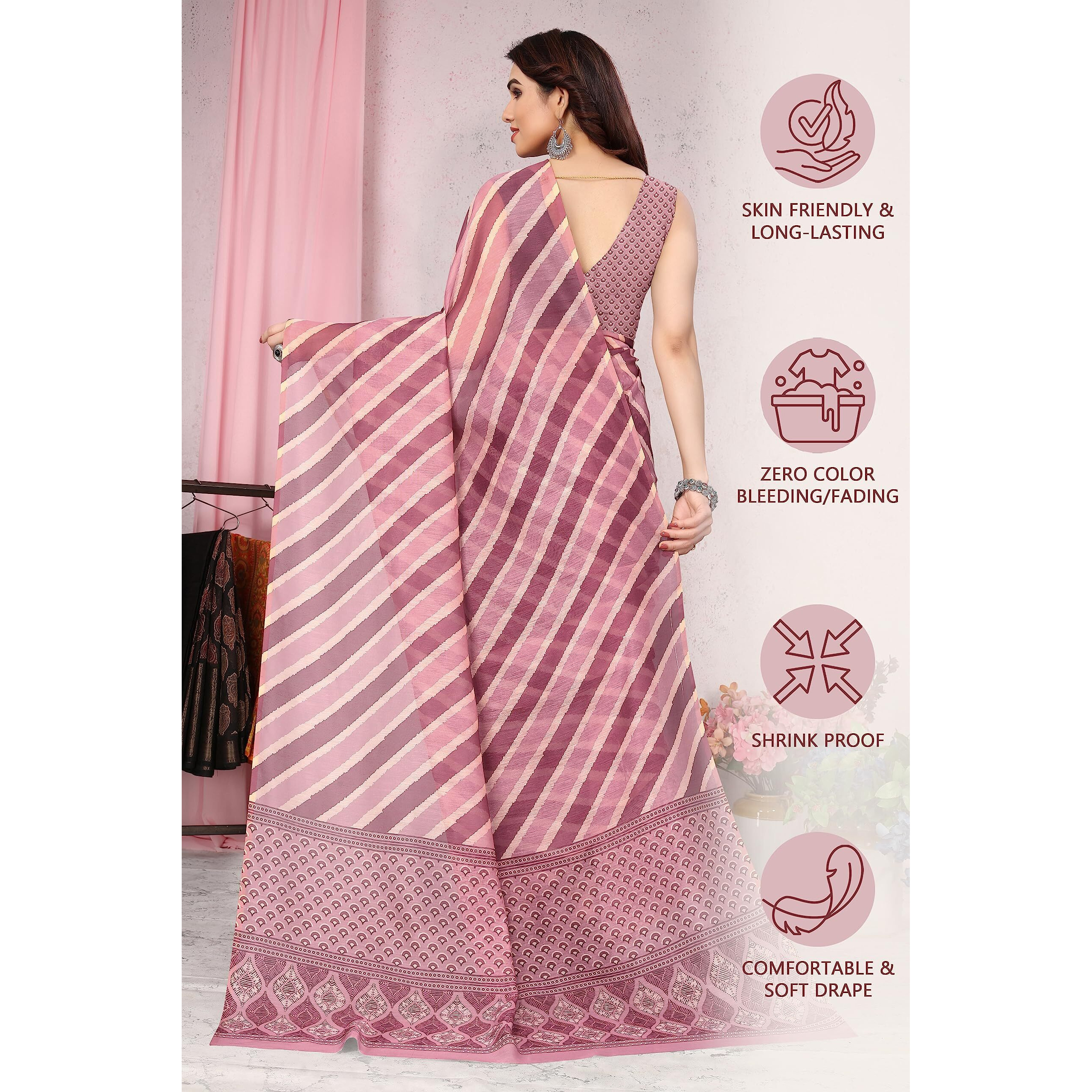 MIRCHI FASHION Womens Plain Weave Cotton Blend Leheriya Digital Printed Saree with Blouse Piece (37687-Dusty Pink, Light Pink)
