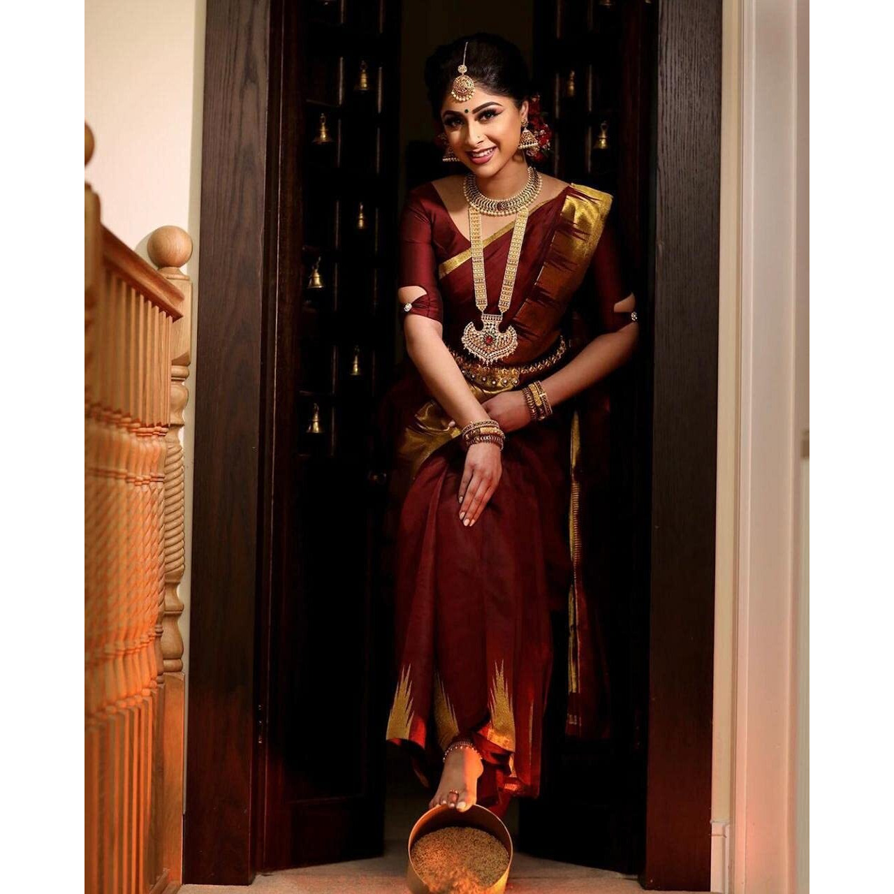 SGF11- Womens Kanjivaram Soft Silk Saree With Blouse Piece (Maroon Gold)