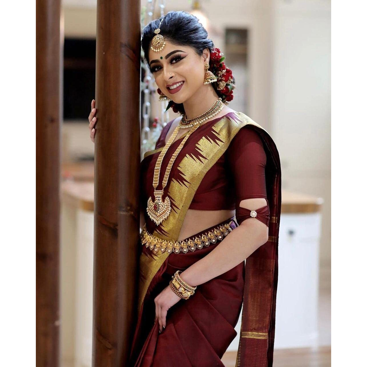 SGF11- Womens Kanjivaram Soft Silk Saree With Blouse Piece (Maroon Gold)