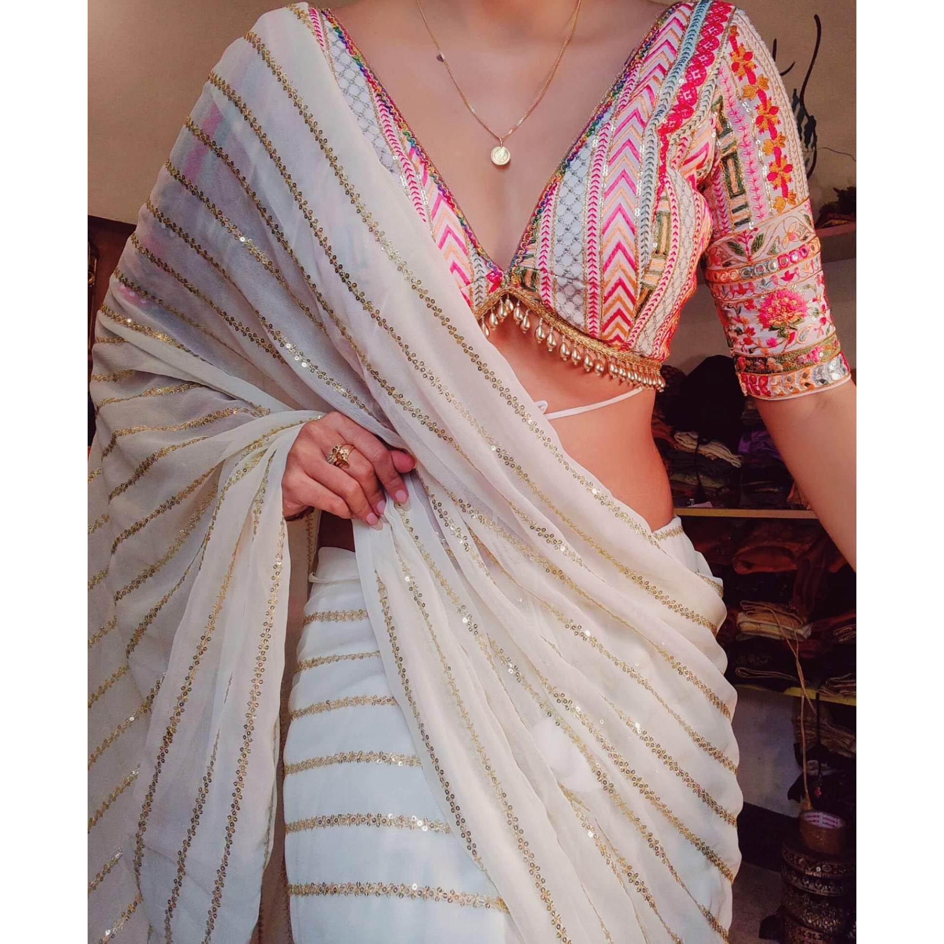 BRAHMSHAKTI Georgette Womens Georgett Embroidered Saree With Blouse Piece