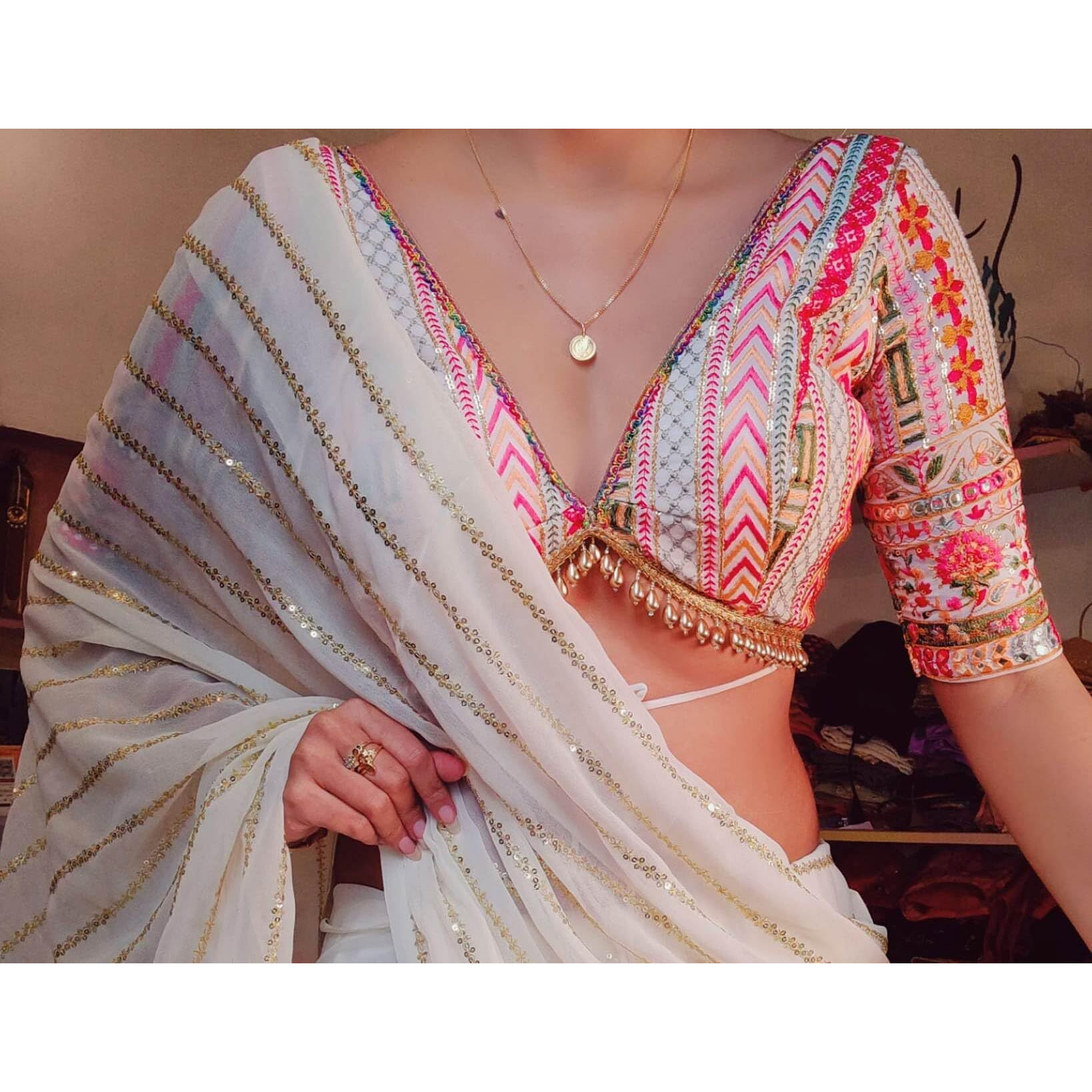 BRAHMSHAKTI Georgette Womens Georgett Embroidered Saree With Blouse Piece