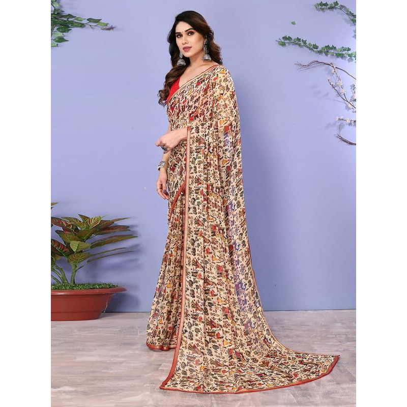 SIRIL Womens Printed Chiffon Saree with Unstitched Blouse Piece (3296S577_Cream)