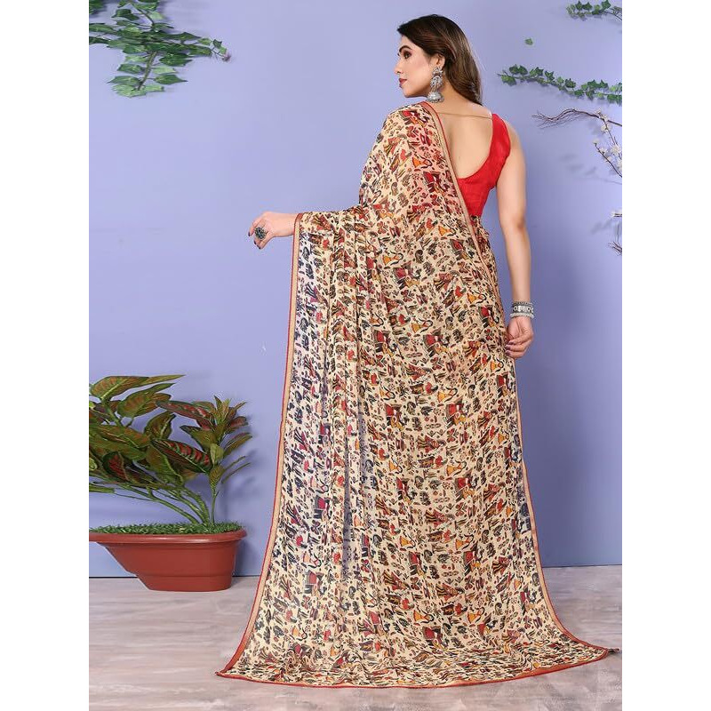 SIRIL Womens Printed Chiffon Saree with Unstitched Blouse Piece (3296S577_Cream)