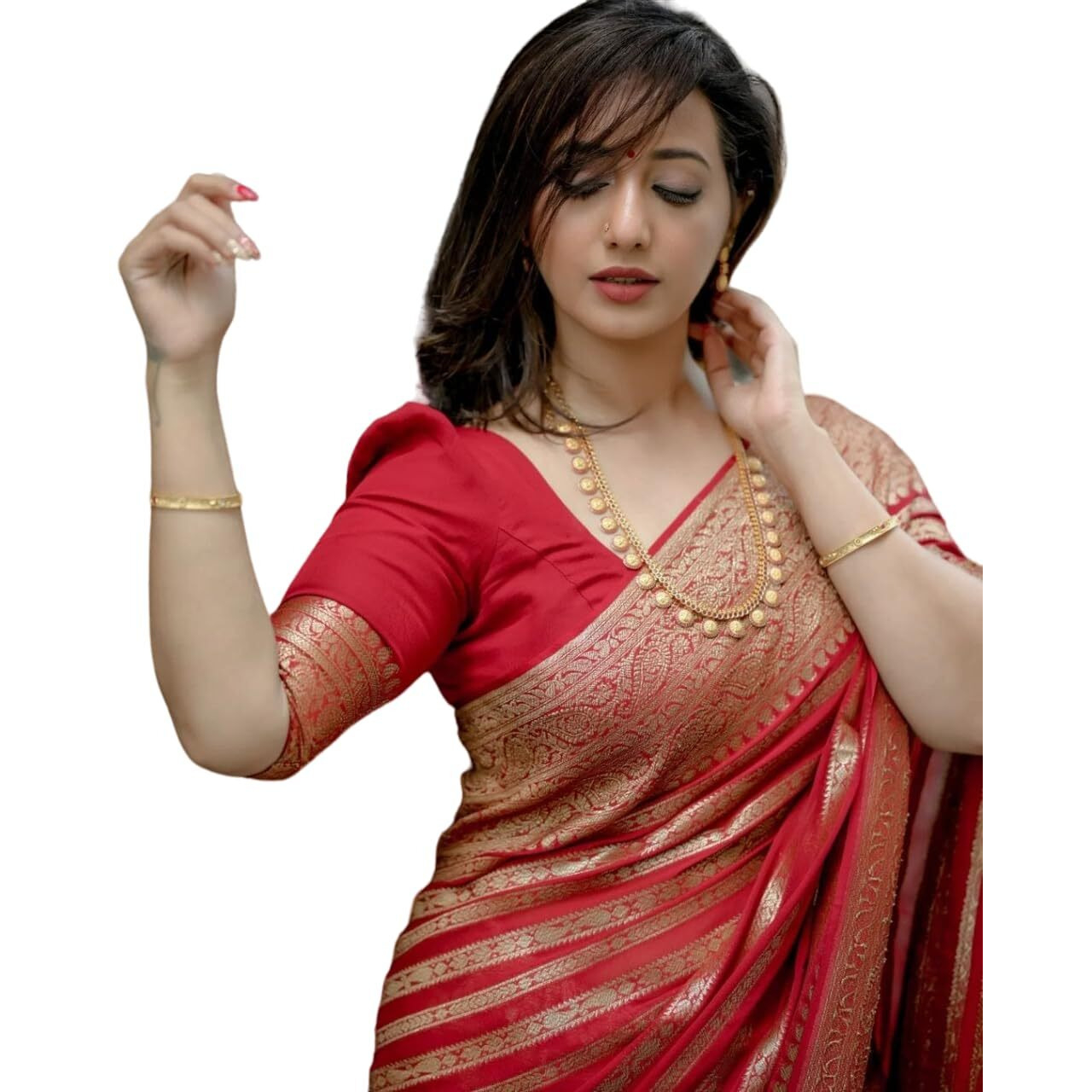 C J Enterprise Womens Pure Soft Kanjivaram Silk Saree for Wedding Kanchipuram Pattu Sarees Banarasi Cotton Latest Sari With Blouse Piece Design Wear sadi new ladies 2023 Party 2024 2022 (Leriya Red)