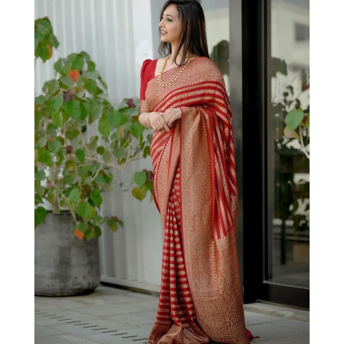 C J Enterprise Womens Pure Soft Kanjivaram Silk Saree for Wedding Kanchipuram Pattu Sarees Banarasi Cotton Latest Sari With Blouse Piece Design Wear sadi new ladies 2023 Party 2024 2022 (Leriya Red)