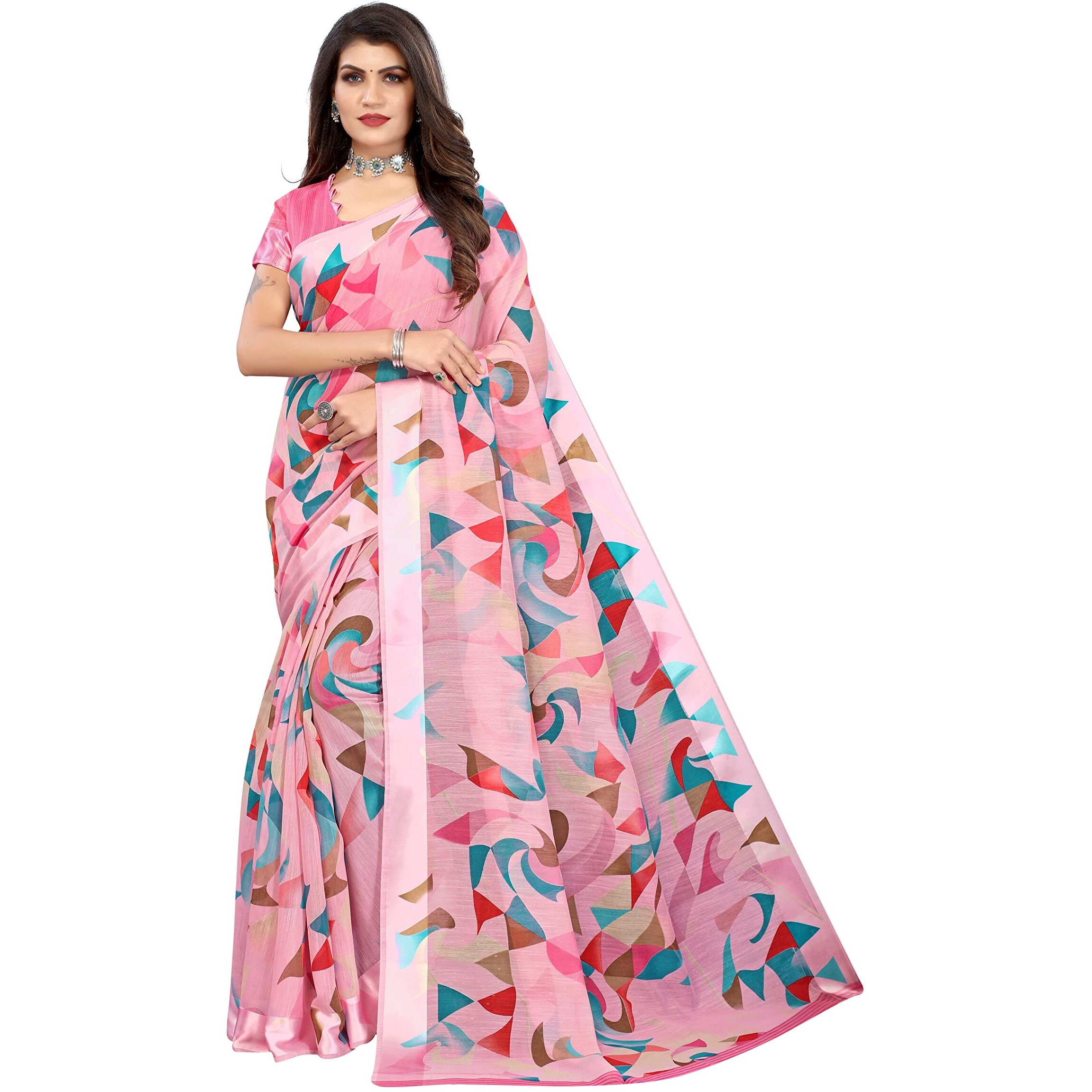 Yashika Womens Printed Linen Saree With Blouse Piece(SATRANGI PINK_Free Size)