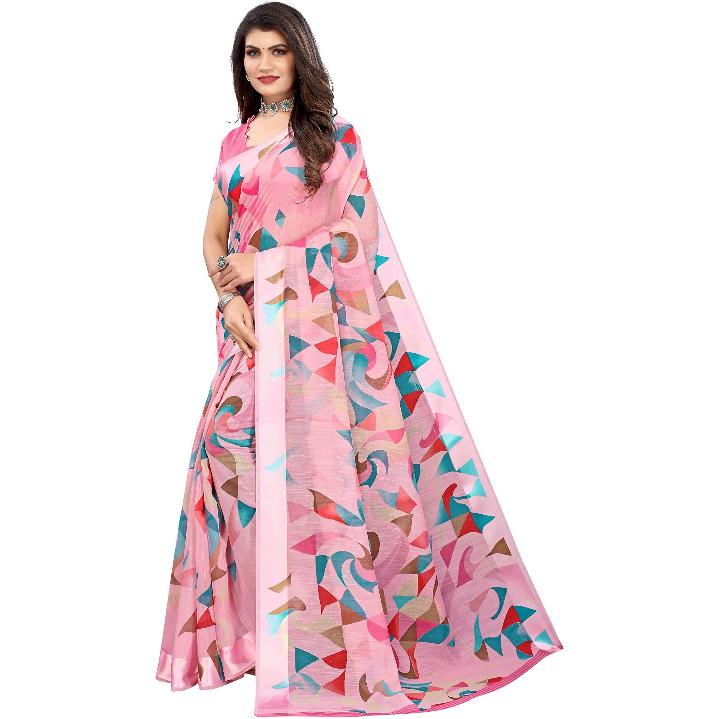 Yashika Womens Printed Linen Saree With Blouse Piece(SATRANGI PINK_Free Size)