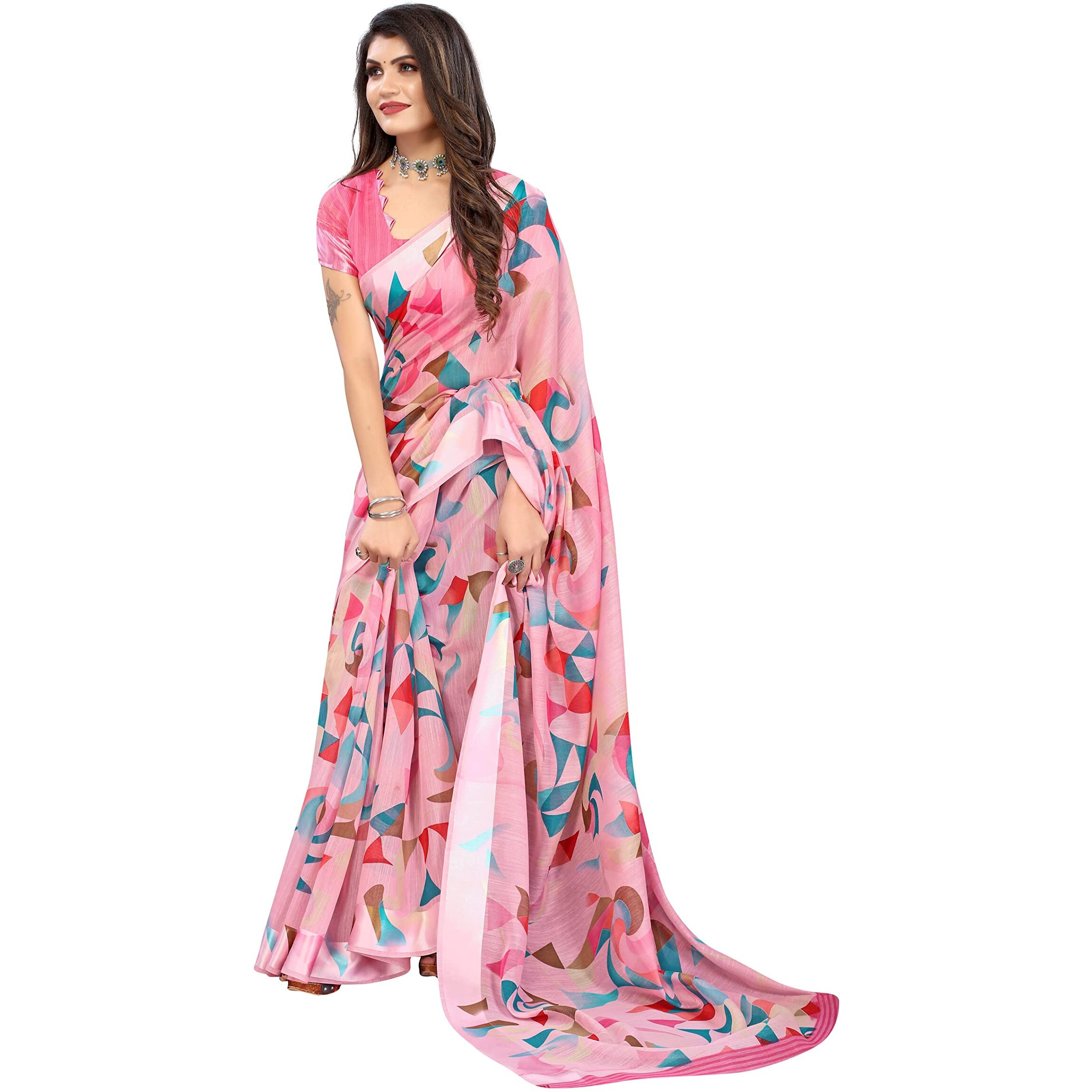 Yashika Womens Printed Linen Saree With Blouse Piece(SATRANGI PINK_Free Size)