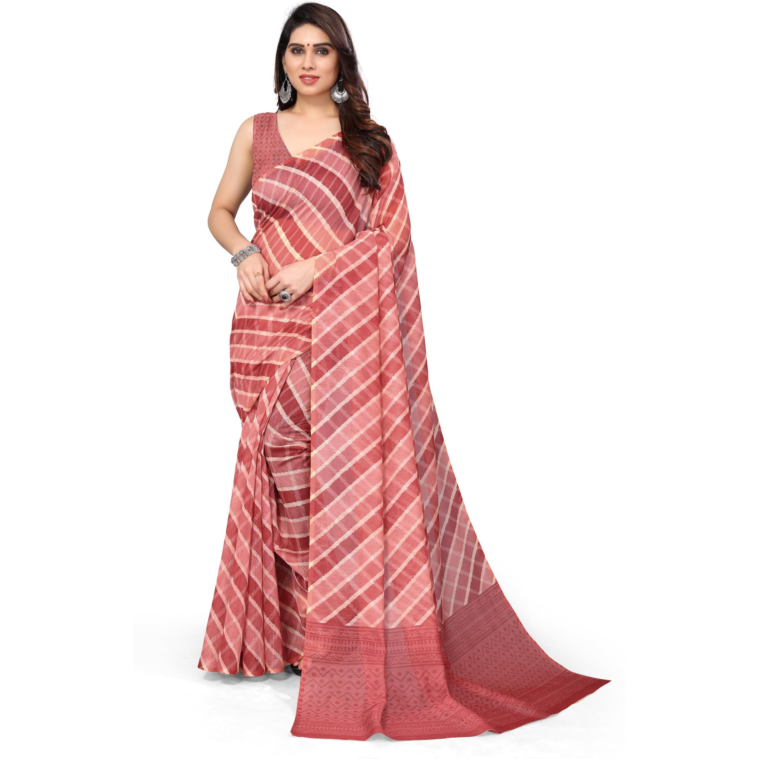 MIRCHI FASHION Womens Plain Weave Cotton Blend Chevron Digital Printed Saree with Blouse Piece (37685-Coral, Cream)