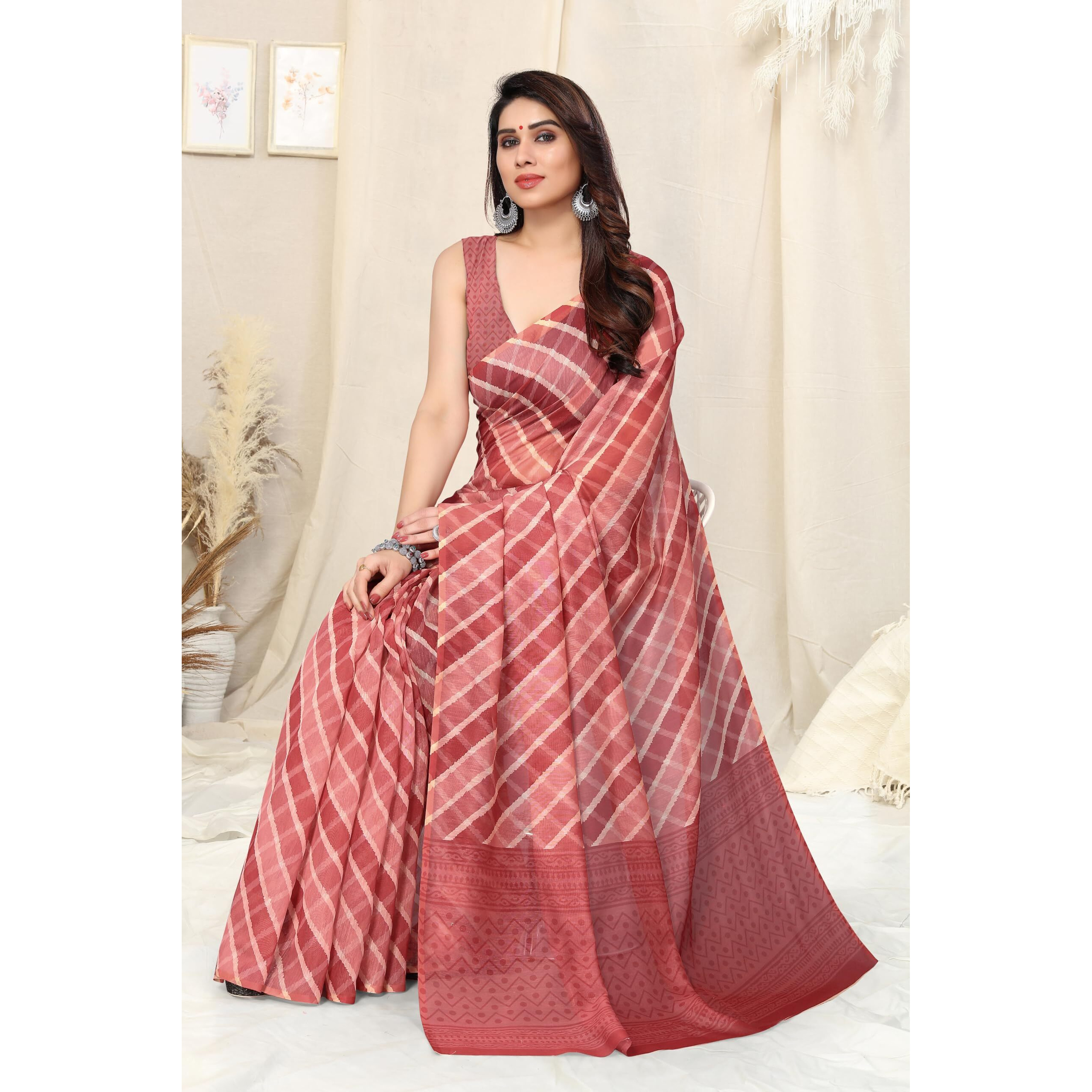 MIRCHI FASHION Womens Plain Weave Cotton Blend Chevron Digital Printed Saree with Blouse Piece (37685-Coral, Cream)