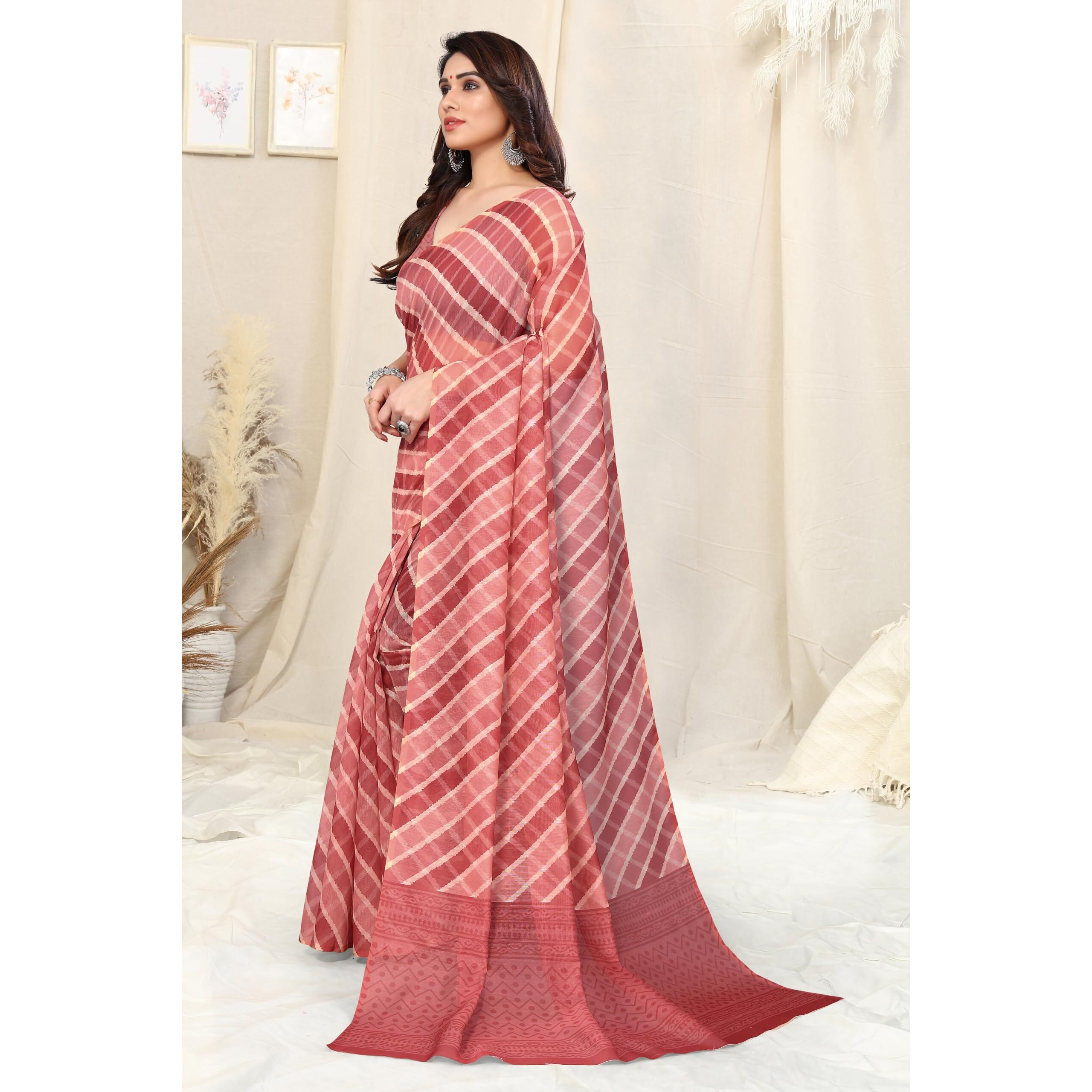 MIRCHI FASHION Womens Plain Weave Cotton Blend Chevron Digital Printed Saree with Blouse Piece (37685-Coral, Cream)