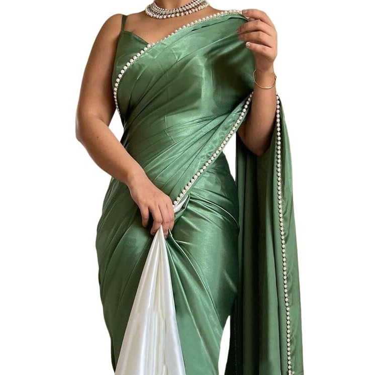 BRAHMSHAKTI Womens Satin Half Half Collection Saree With Blouse Piece, Turquoise