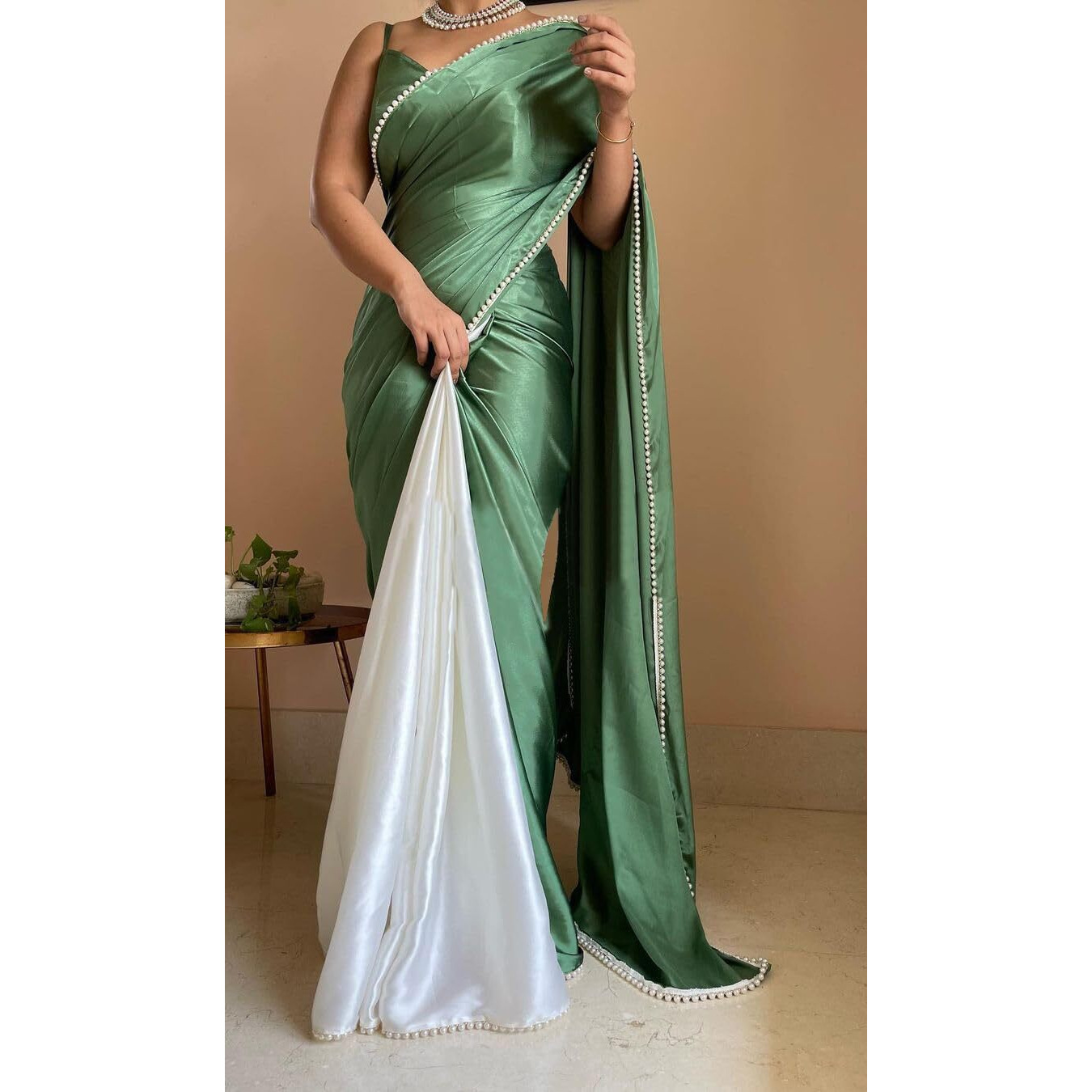 BRAHMSHAKTI Womens Satin Half Half Collection Saree With Blouse Piece, Turquoise