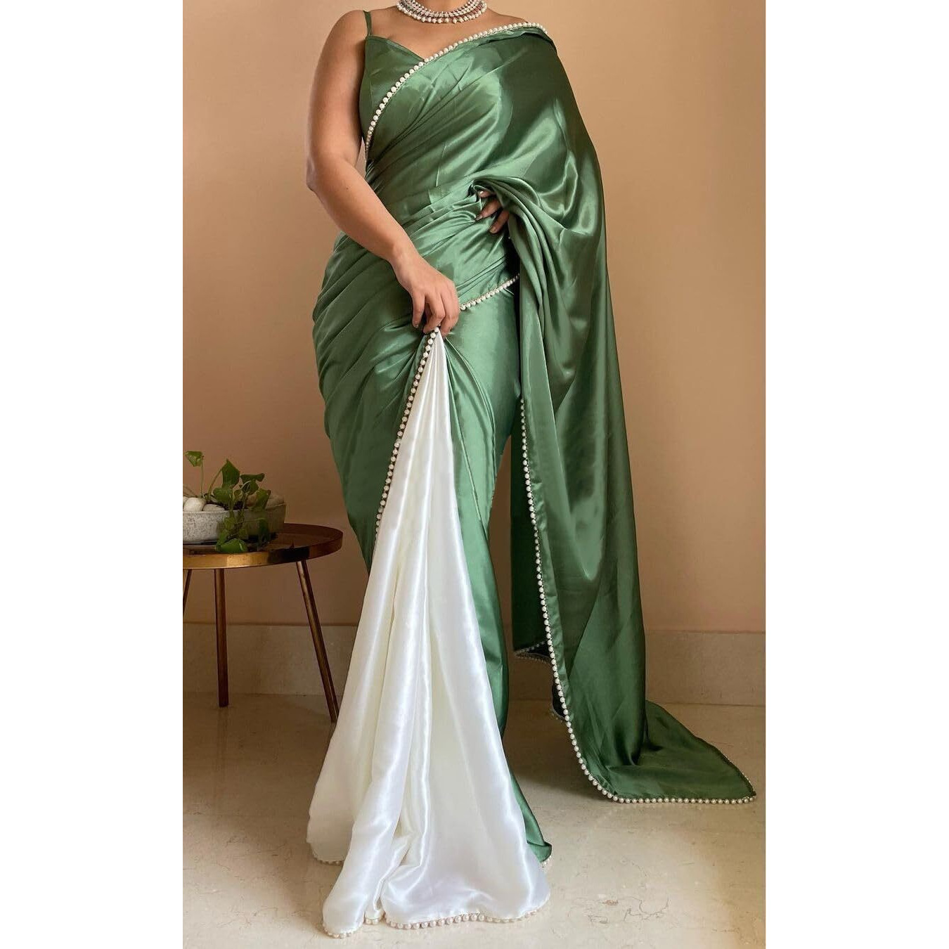 BRAHMSHAKTI Womens Satin Half Half Collection Saree With Blouse Piece, Turquoise