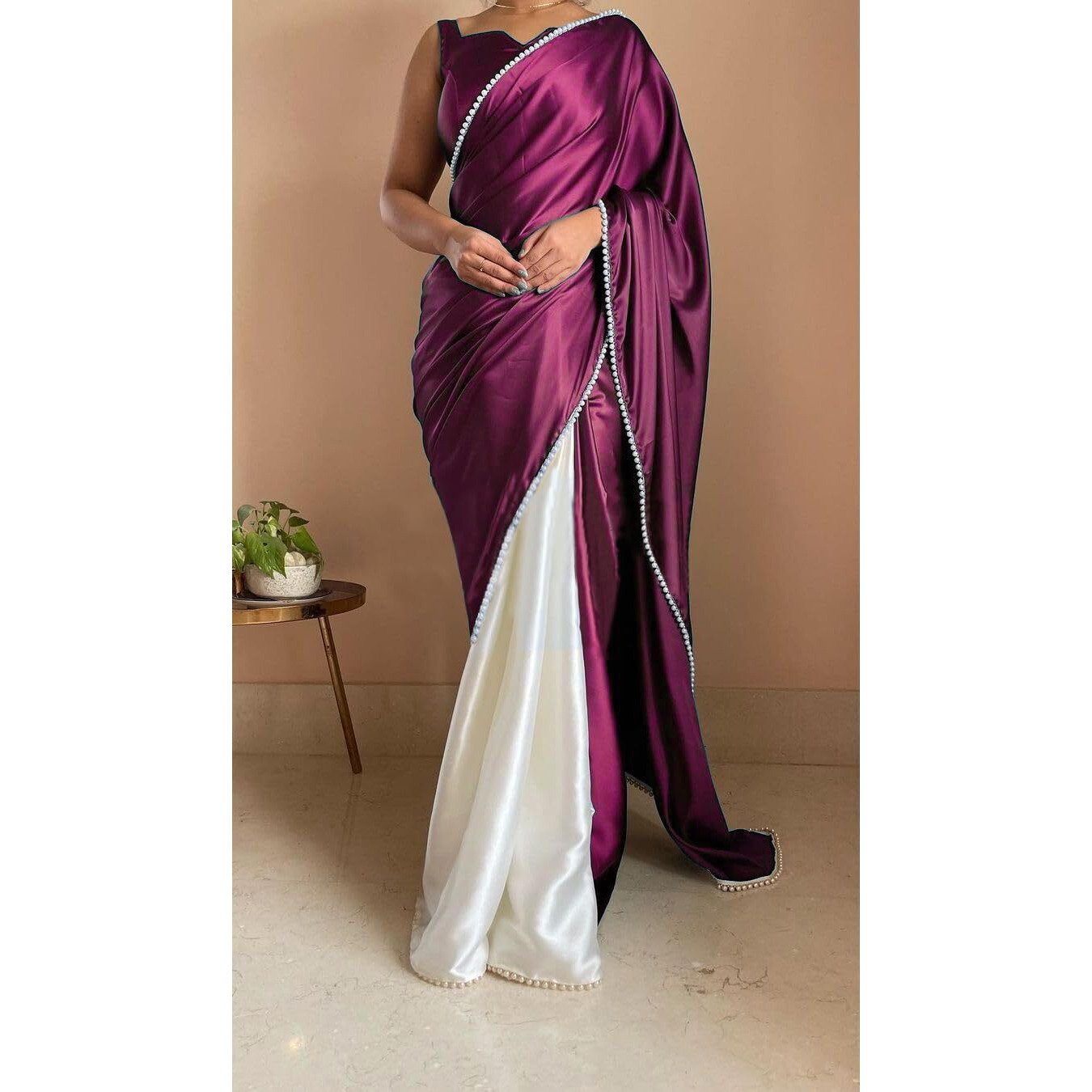 BRAHMSHAKTI Womens Satin Half Half Collection Saree With Blouse Piece, Purple