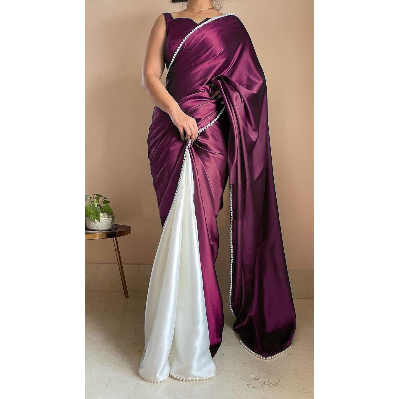 BRAHMSHAKTI Womens Satin Half Half Collection Saree With Blouse Piece, Purple