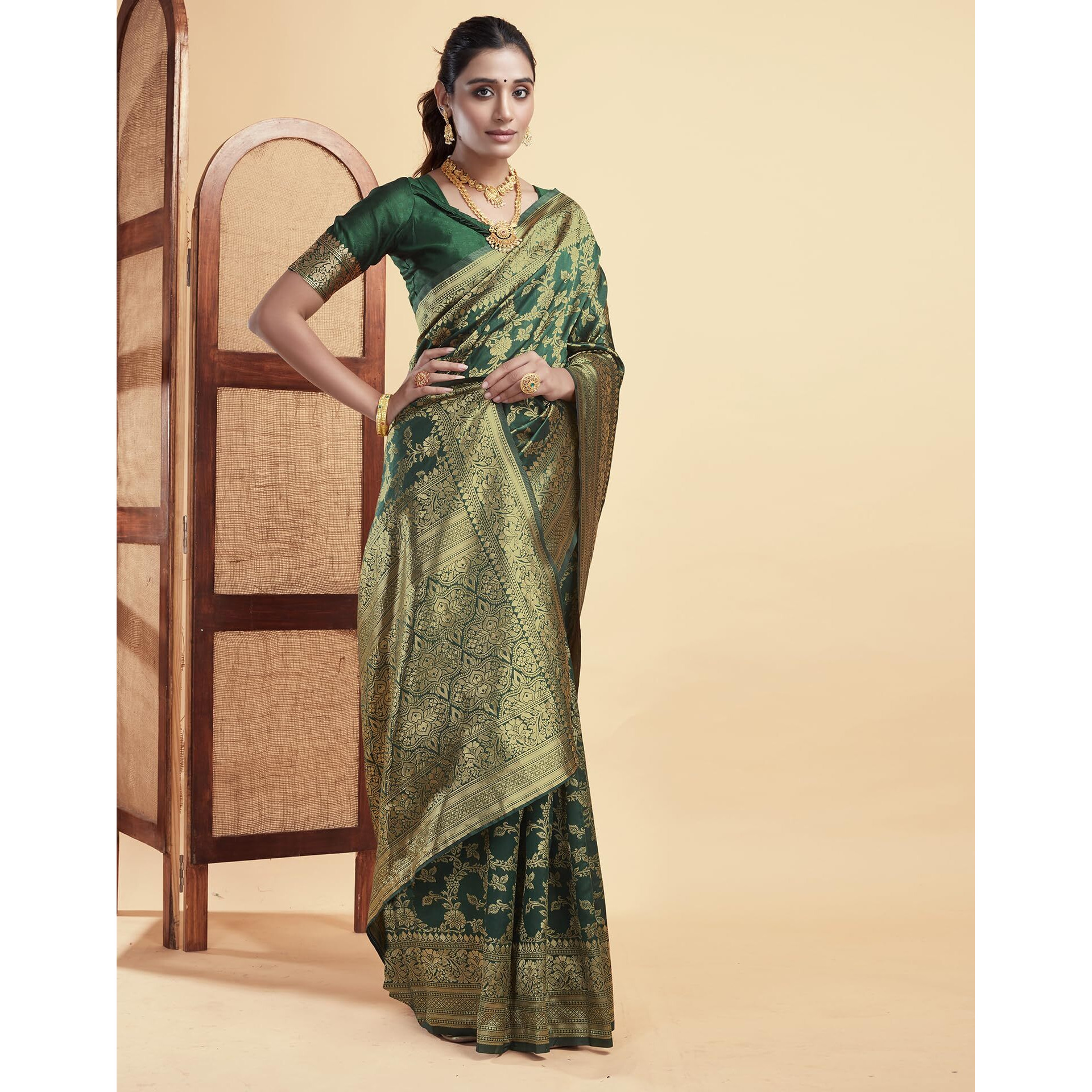 SIRIL Womens Silk Jacquard Saree With Unstitched Blouse Piece (3662S391_Green)