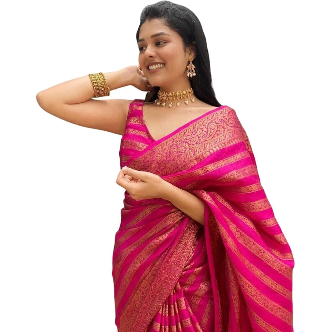 C J Enterprise Womens Pure Soft Kanjivaram Silk Saree for Wedding Kanchipuram Pattu Sarees Banarasi Cotton Latest Sari With Blouse Piece Party Design Wear Sadi New Ladies 2023 2024 (Leriya Rani Pink)