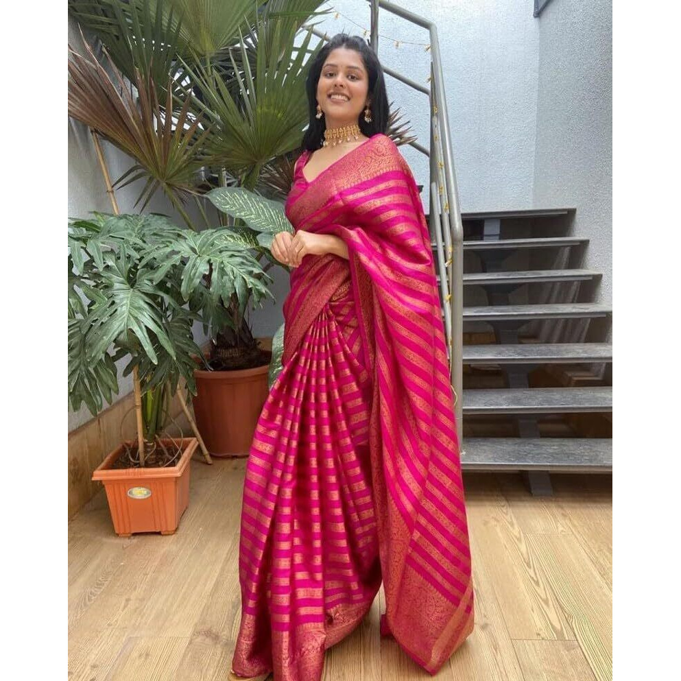 C J Enterprise Womens Pure Soft Kanjivaram Silk Saree for Wedding Kanchipuram Pattu Sarees Banarasi Cotton Latest Sari With Blouse Piece Party Design Wear Sadi New Ladies 2023 2024 (Leriya Rani Pink)