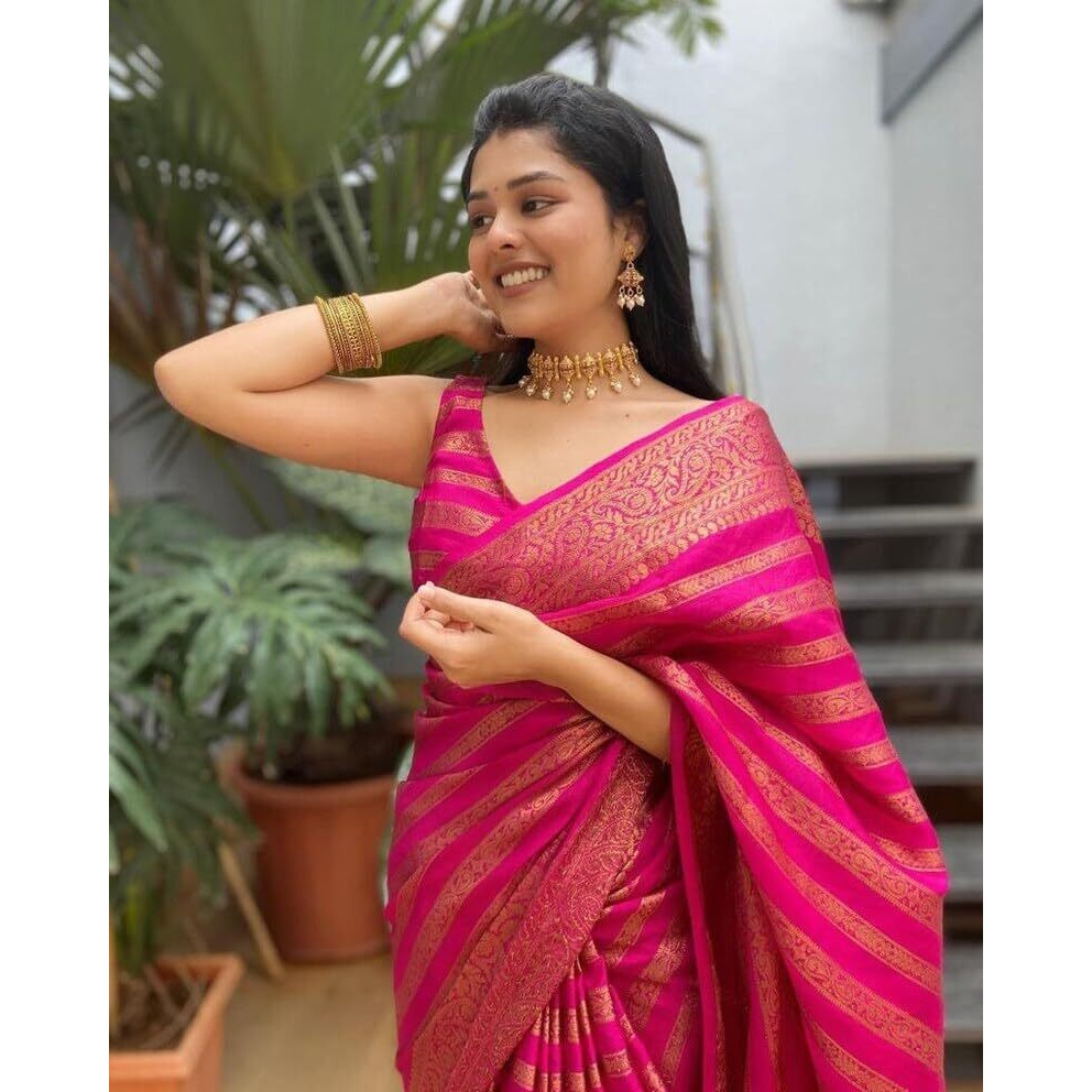 C J Enterprise Womens Pure Soft Kanjivaram Silk Saree for Wedding Kanchipuram Pattu Sarees Banarasi Cotton Latest Sari With Blouse Piece Party Design Wear Sadi New Ladies 2023 2024 (Leriya Rani Pink)