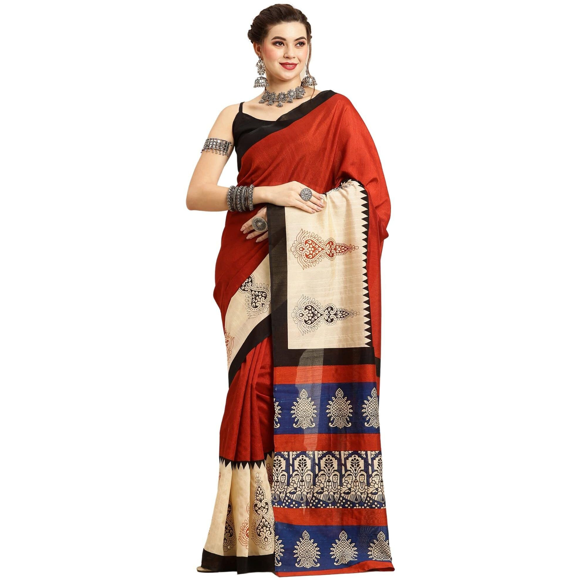 AKHILAM Womens Printed Bhagalpuri Silk Solid Saree With Unstitched Blouse Piece (Rust 22WOM22902)