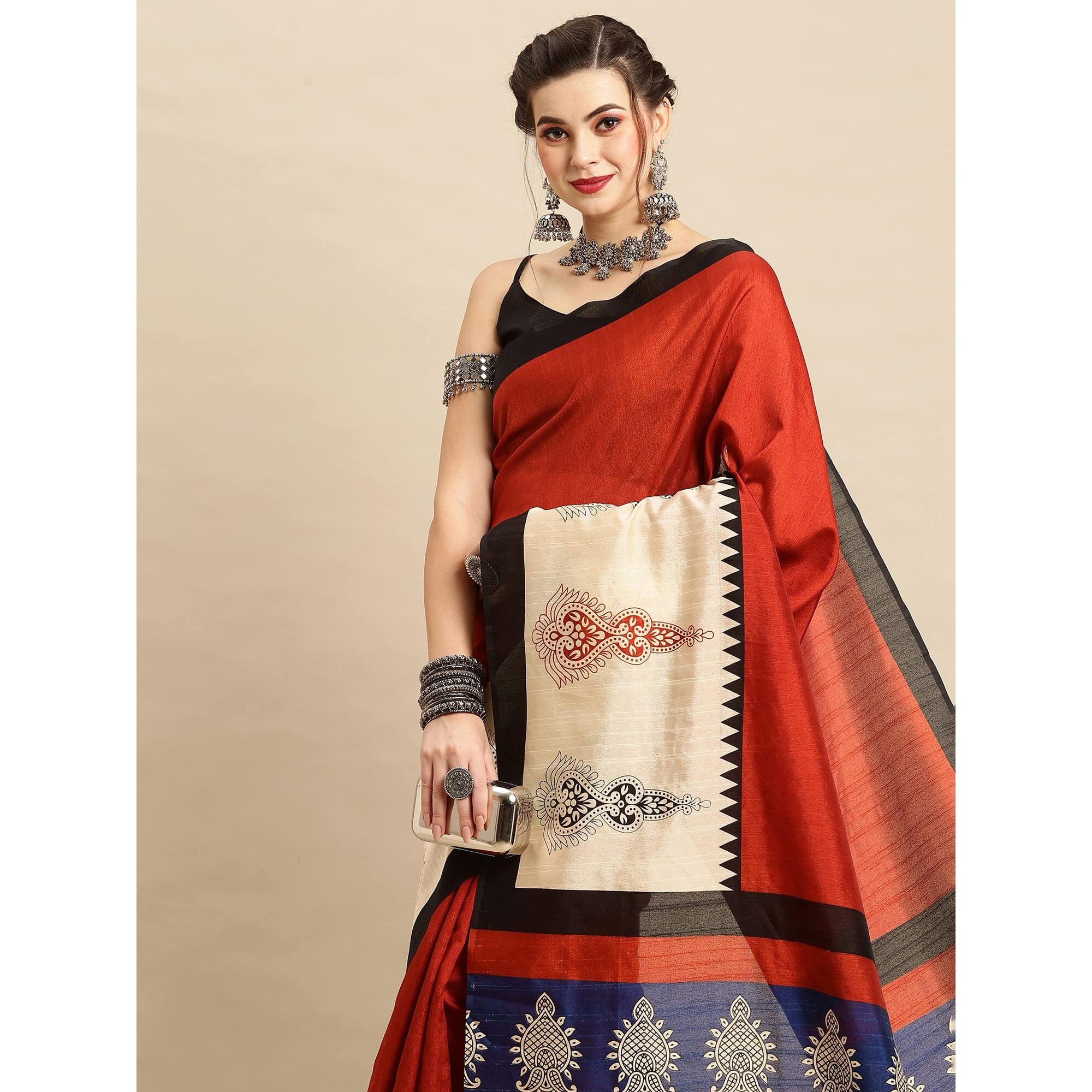 AKHILAM Womens Printed Bhagalpuri Silk Solid Saree With Unstitched Blouse Piece (Rust 22WOM22902)