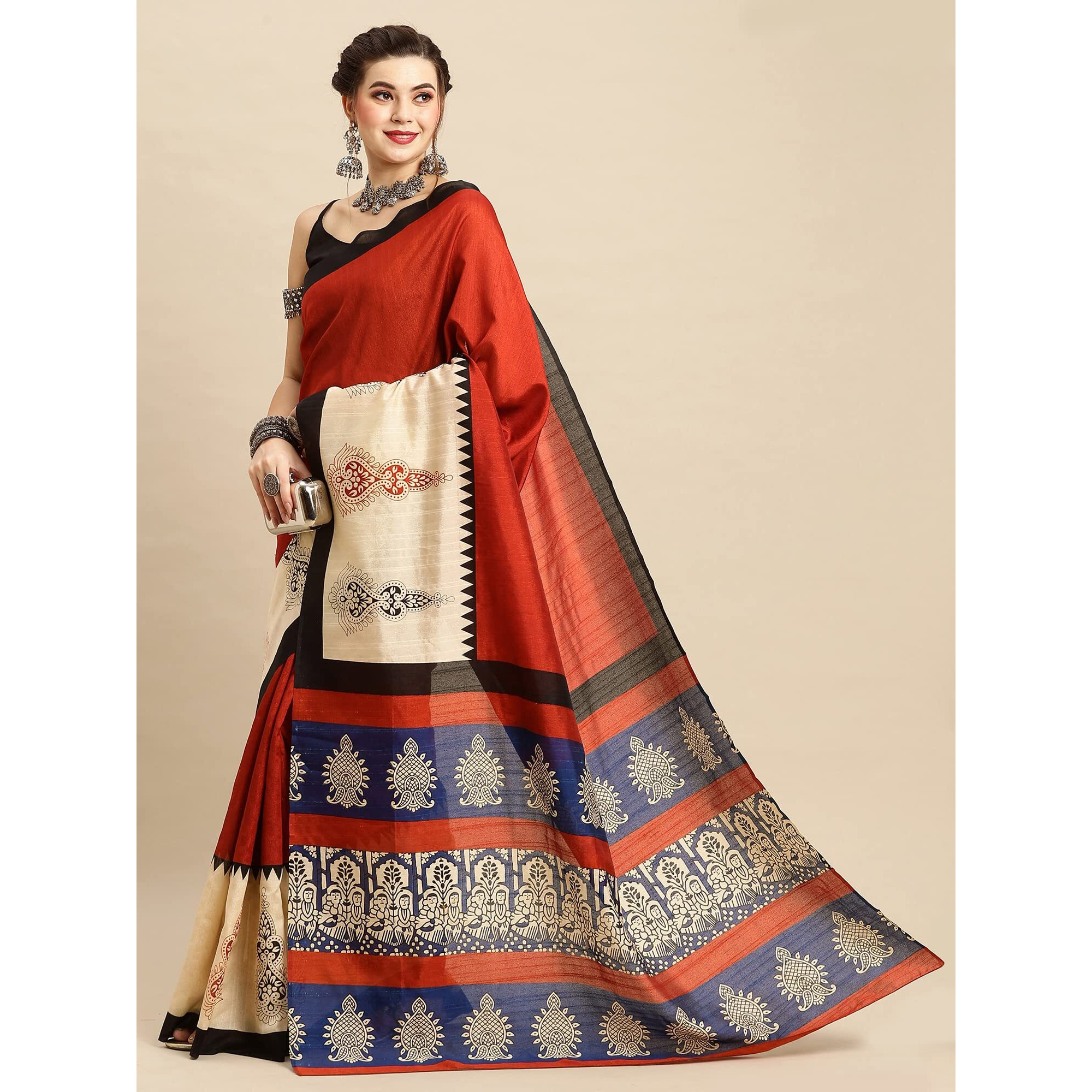 AKHILAM Womens Printed Bhagalpuri Silk Solid Saree With Unstitched Blouse Piece (Rust 22WOM22902)