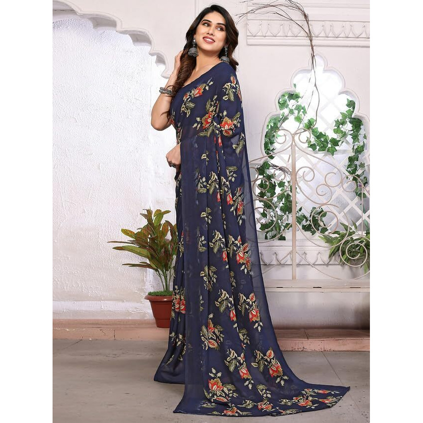 SAMAH Womens Georgette Floral Printed Saree with Unstitched Blouse Piece (3289S112N_Navy Blue)