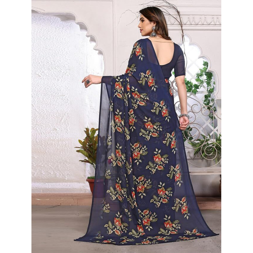 SAMAH Womens Georgette Floral Printed Saree with Unstitched Blouse Piece (3289S112N_Navy Blue)