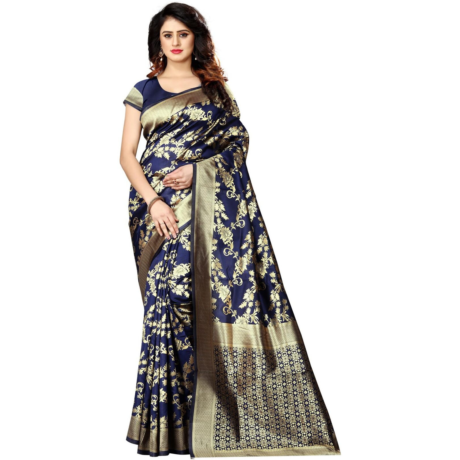 Sugathari Womens Banarasi Saree Pure Kanjivaram Silk Saree Soft new ladies 2023 Design Wear Sarees Latest Cotton Party Sari collections With Blouse Piece for Wedding sadi (SAM PARI-37 NAVY BLUE)