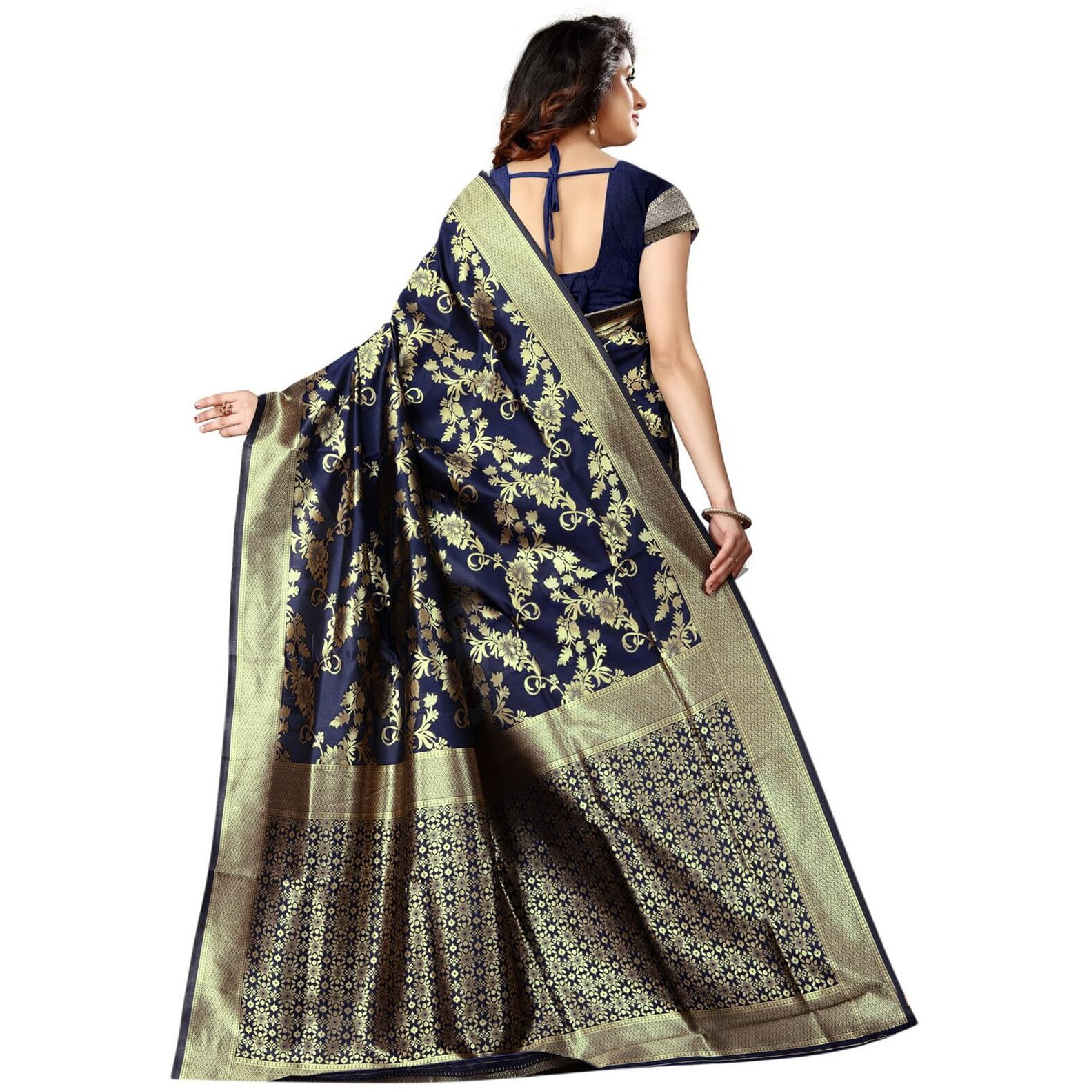 Sugathari Womens Banarasi Saree Pure Kanjivaram Silk Saree Soft new ladies 2023 Design Wear Sarees Latest Cotton Party Sari collections With Blouse Piece for Wedding sadi (SAM PARI-37 NAVY BLUE)