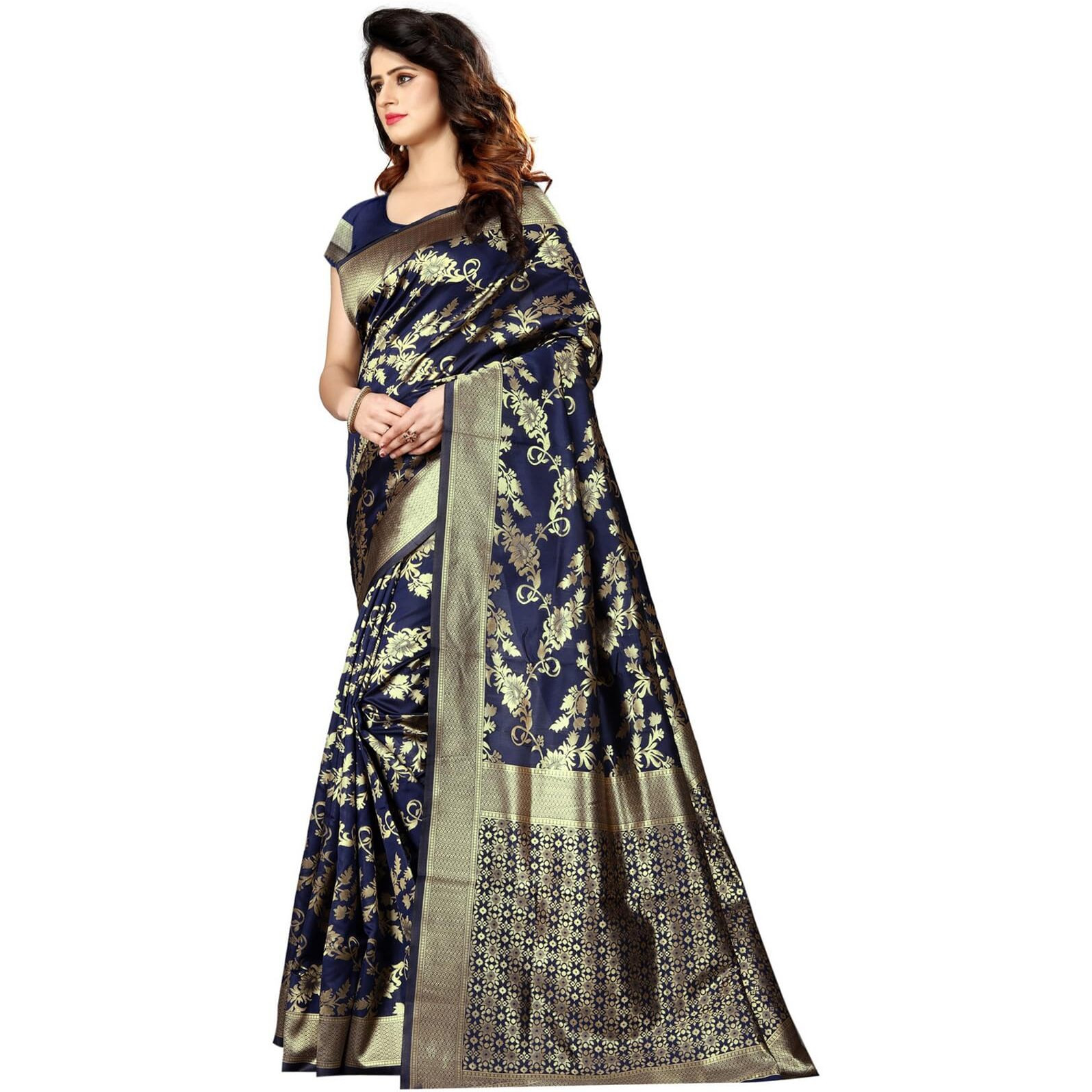 Sugathari Womens Banarasi Saree Pure Kanjivaram Silk Saree Soft new ladies 2023 Design Wear Sarees Latest Cotton Party Sari collections With Blouse Piece for Wedding sadi (SAM PARI-37 NAVY BLUE)