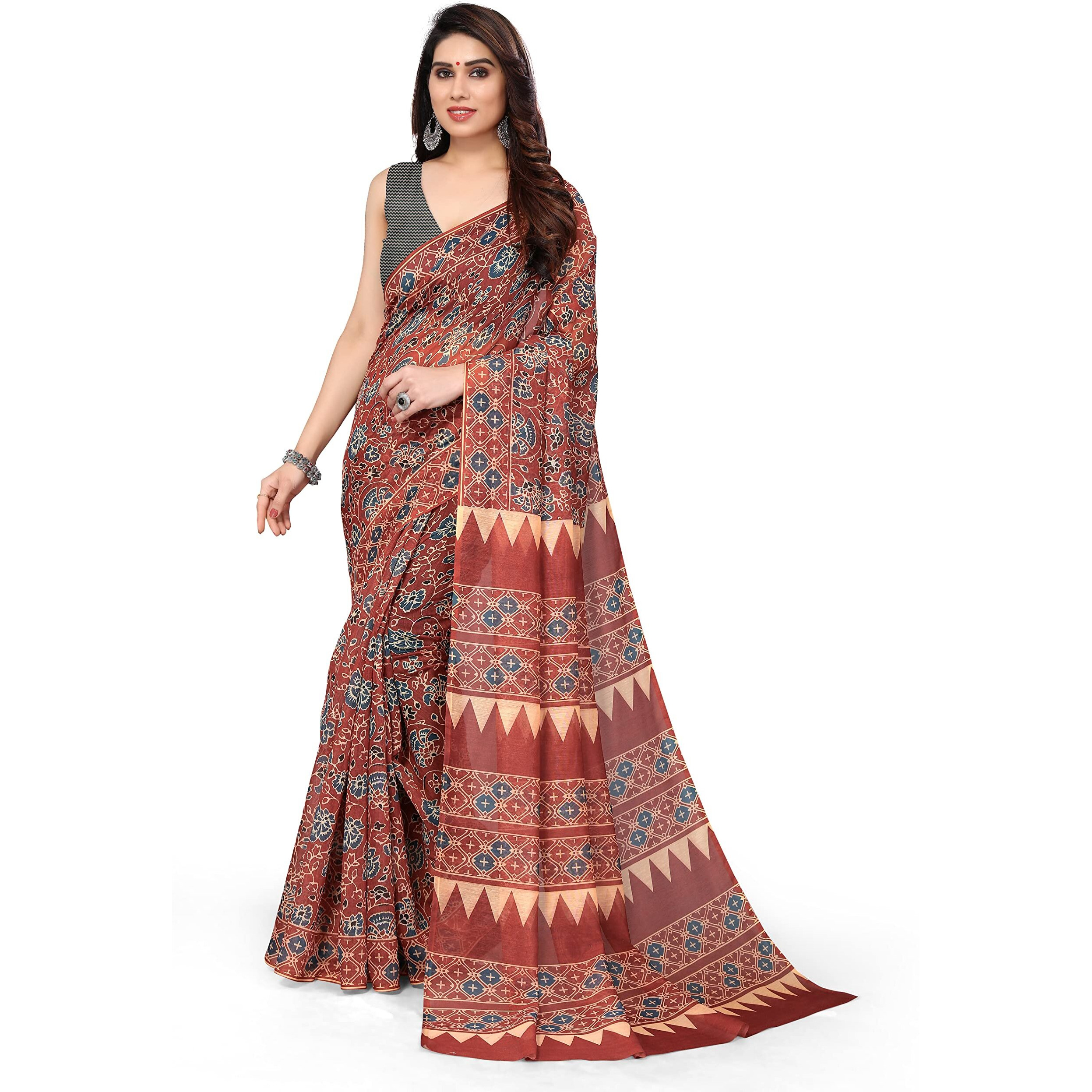 MIRCHI FASHION Womens Plain Weave Cotton Blend Ajrak Digital Printed Saree with Blouse Piece (37681-Maroon, Beige)