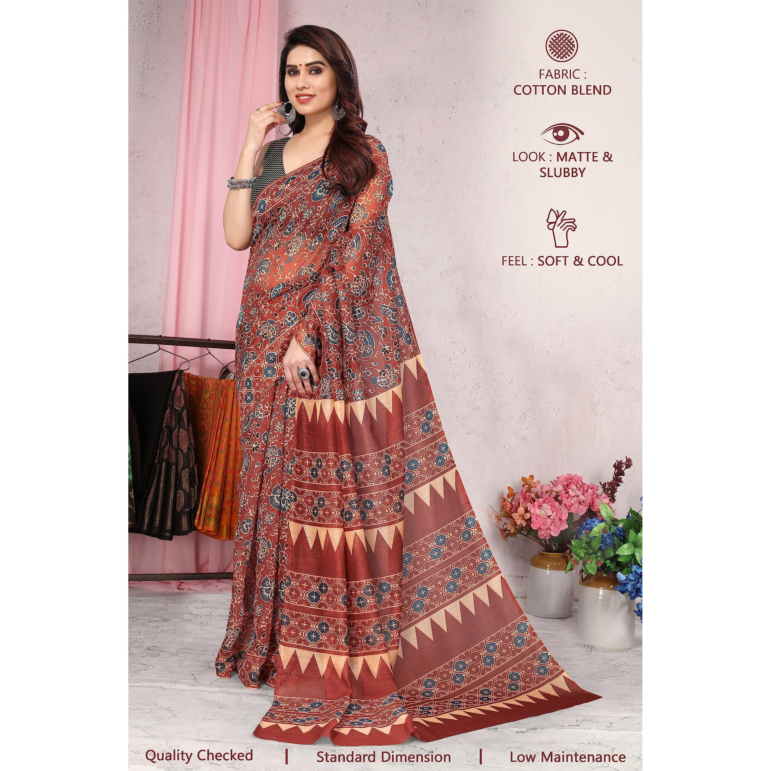 MIRCHI FASHION Womens Plain Weave Cotton Blend Ajrak Digital Printed Saree with Blouse Piece (37681-Maroon, Beige)