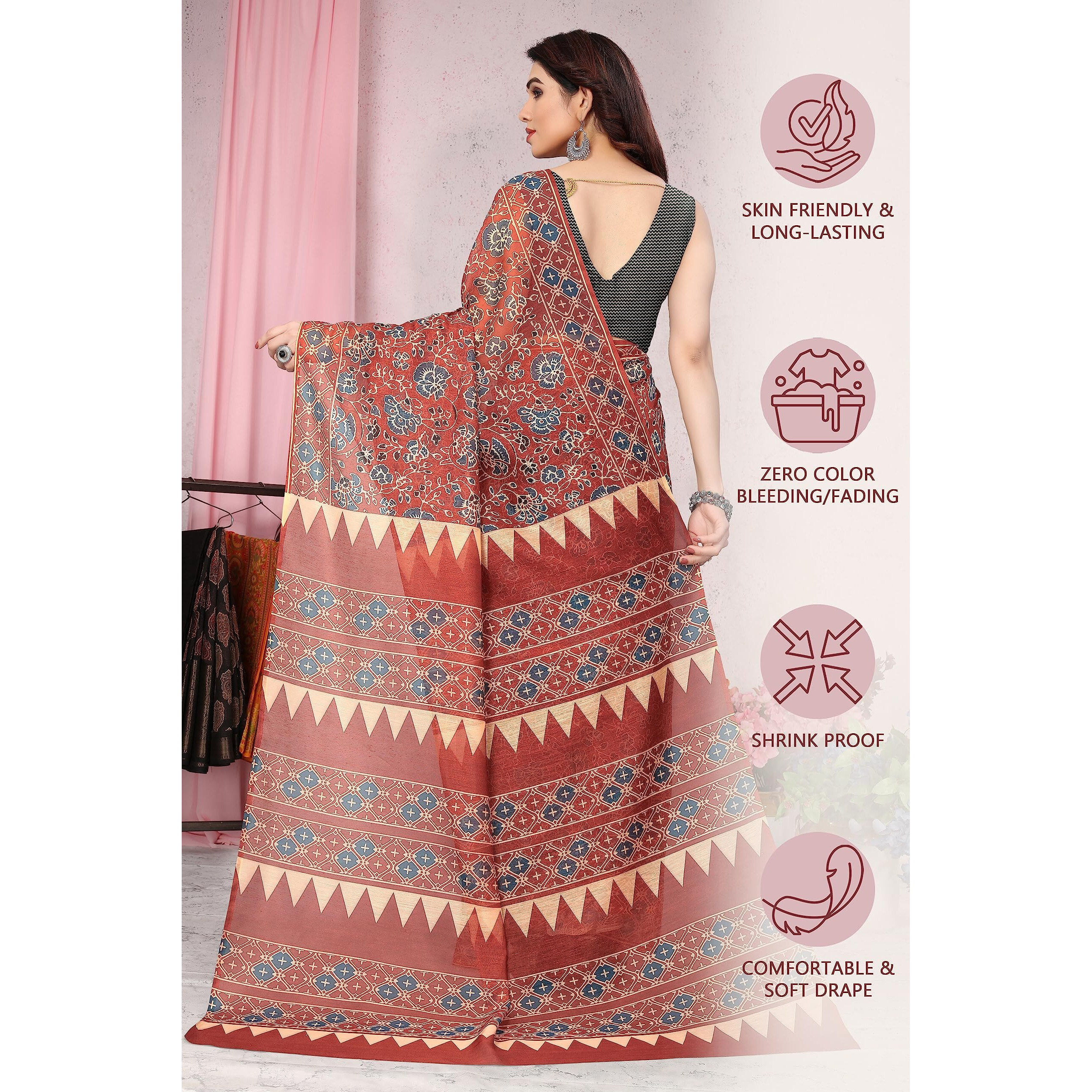 MIRCHI FASHION Womens Plain Weave Cotton Blend Ajrak Digital Printed Saree with Blouse Piece (37681-Maroon, Beige)