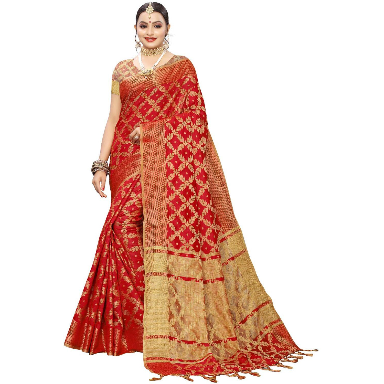 SIRIL Womens Silk Blend Woven Design Kanjeevaram Saree with Blouse (1415S148 Red Banarasi)