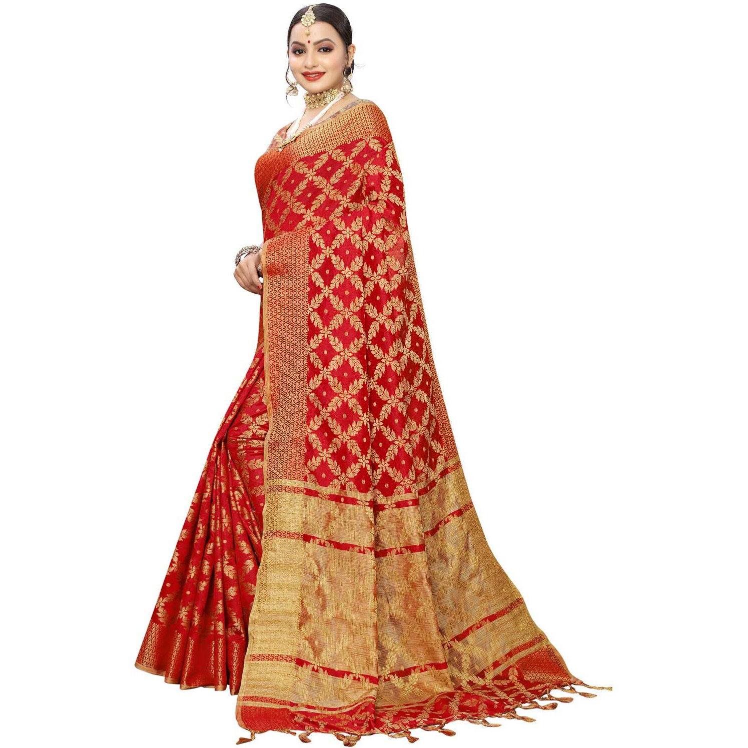 SIRIL Womens Silk Blend Woven Design Kanjeevaram Saree with Blouse (1415S148 Red Banarasi)