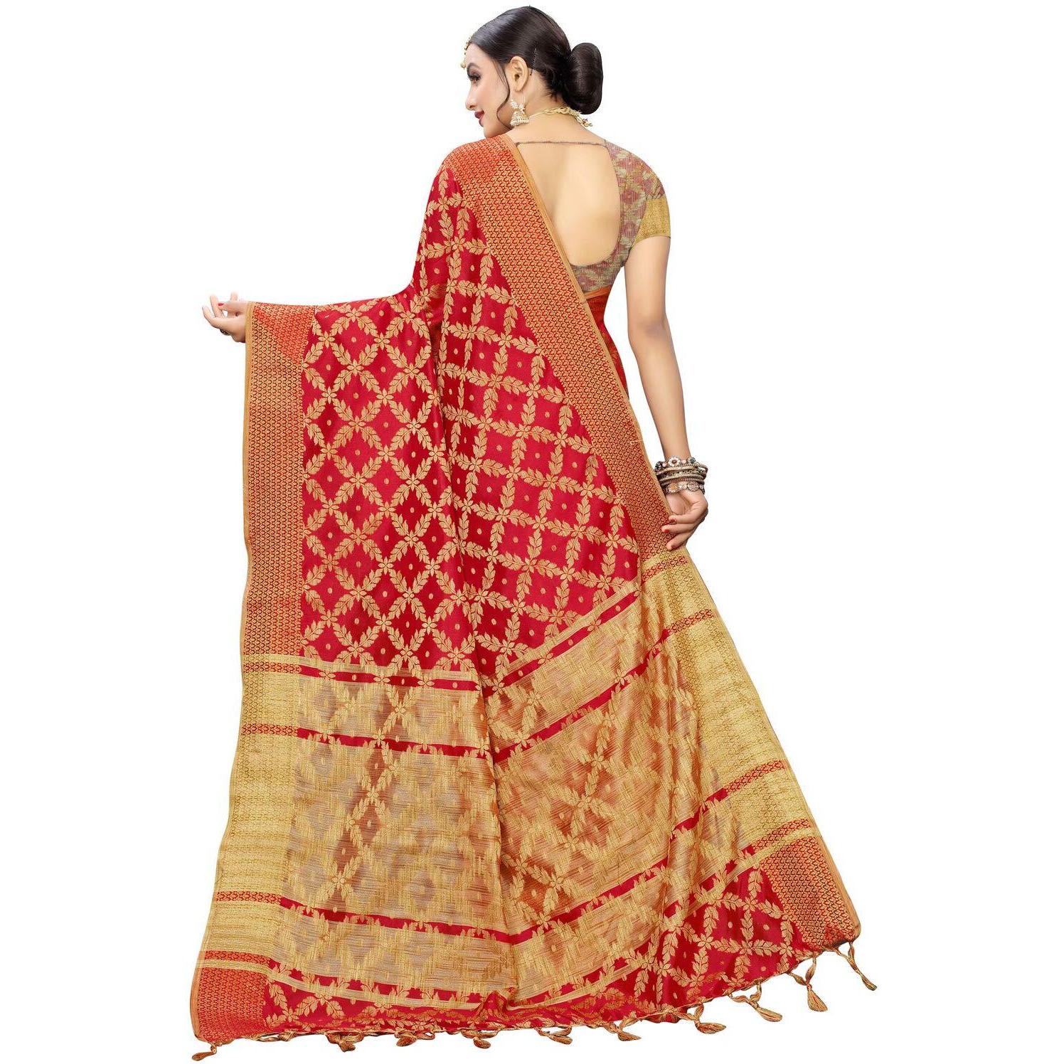 SIRIL Womens Silk Blend Woven Design Kanjeevaram Saree with Blouse (1415S148 Red Banarasi)