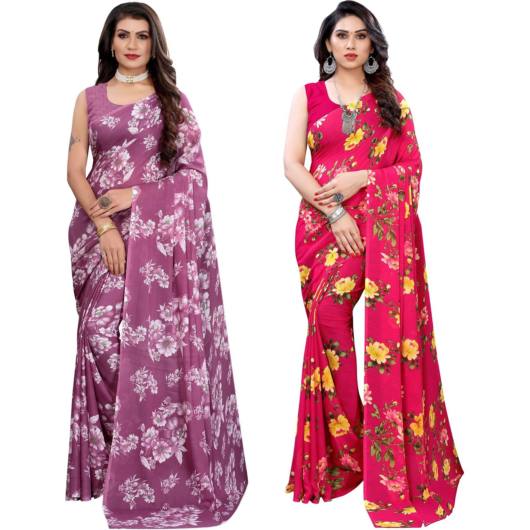 SIRIL Womens Floral Printed Georgette Saree with Blouse Combo Pack Of 2(2024S566_1955S348_Purple||Red)