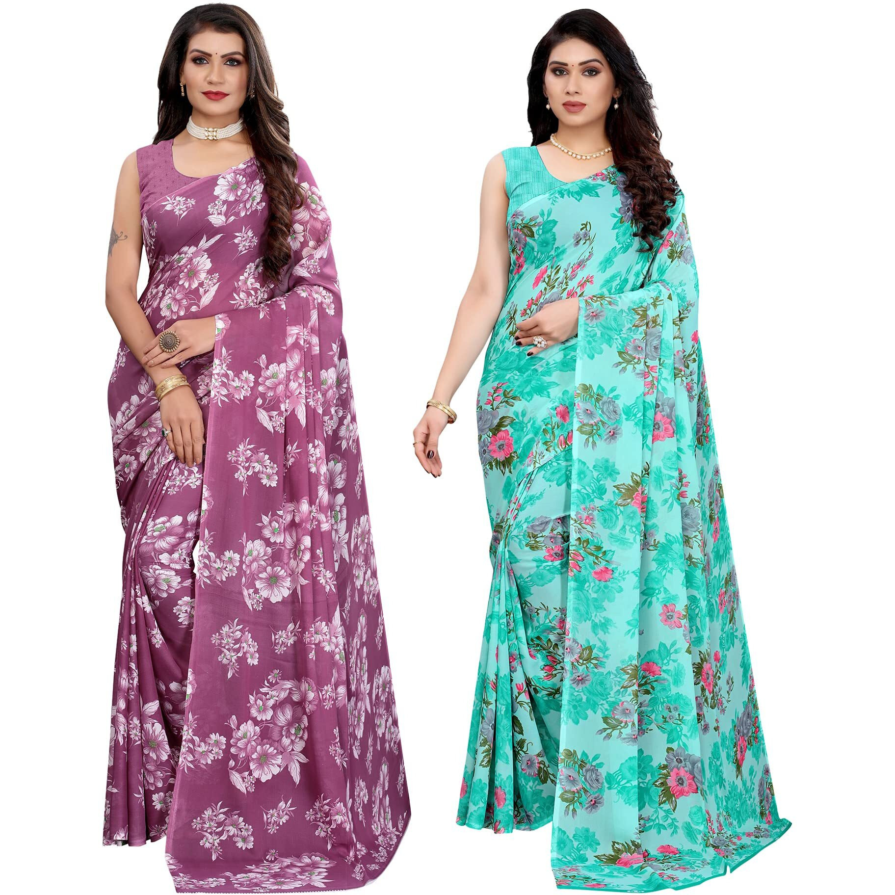 SIRIL Womens Floral Printed Georgette Saree with Blouse Combo Pack Of 2(2024S566_2041S576_Purple||Light Blue)