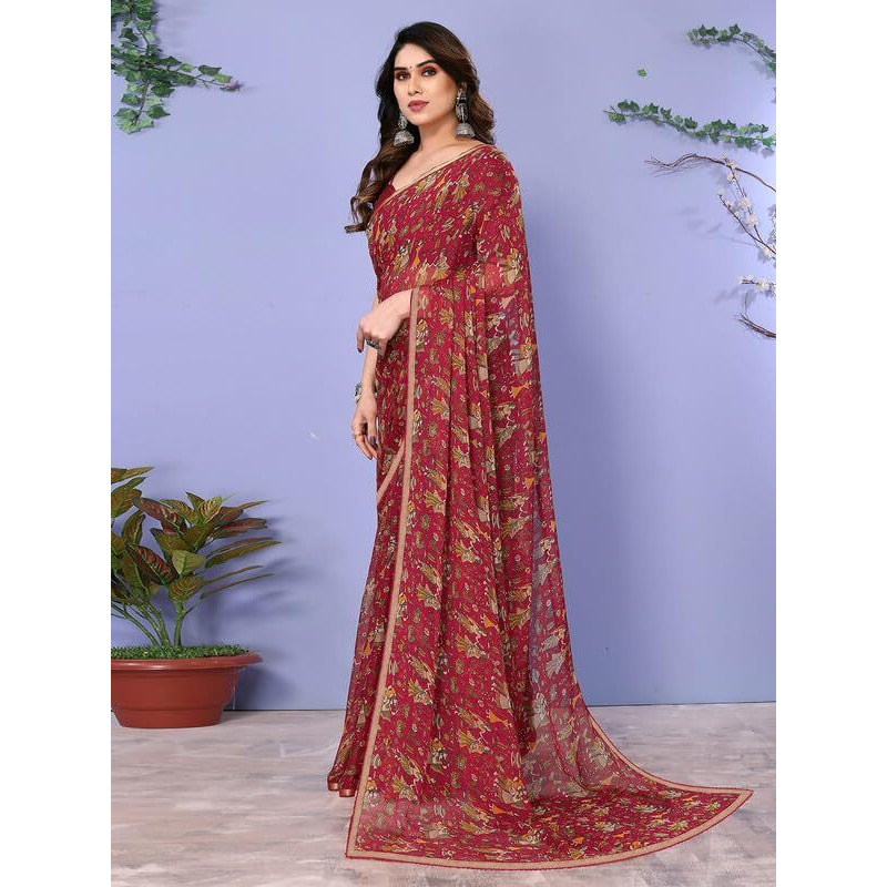 SIRIL Womens Printed Chiffon Saree with Unstitched Blouse Piece (3296S576_Maroon)