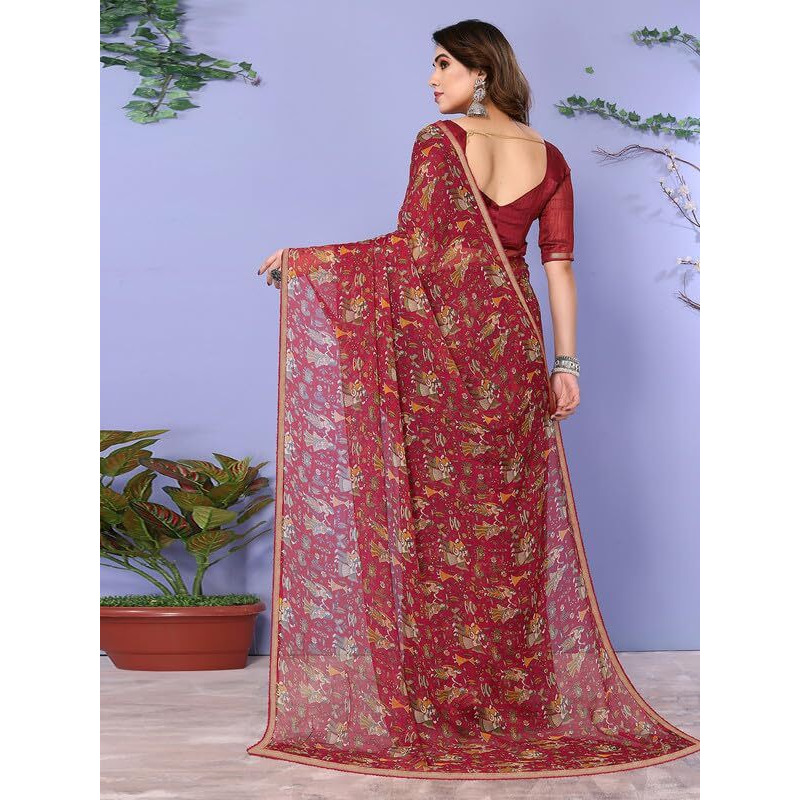 SIRIL Womens Printed Chiffon Saree with Unstitched Blouse Piece (3296S576_Maroon)