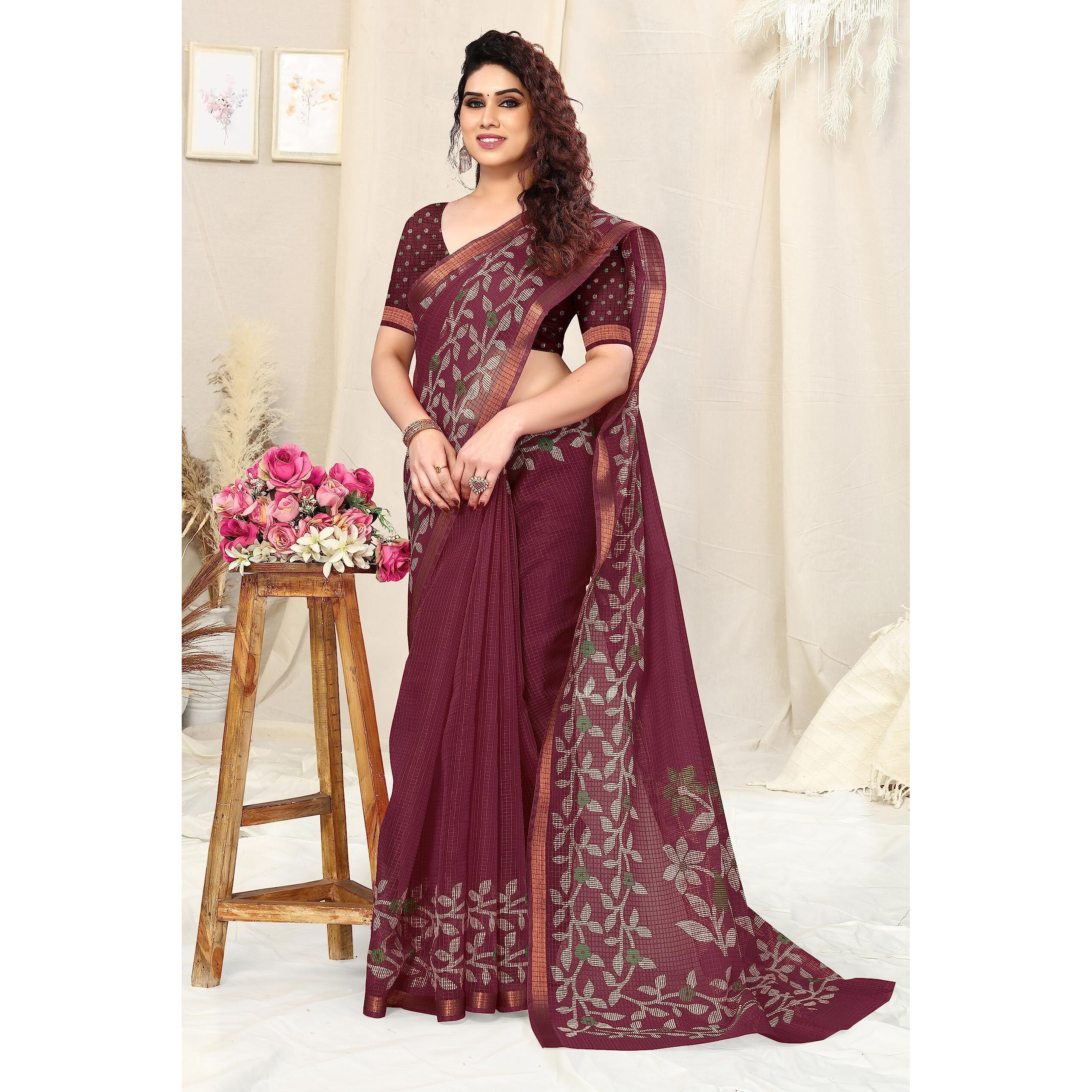 MIRCHI FASHION Womens Kota Doriya Cotton Blend Floral Printed Saree with Blouse Piece (38853-Maroon, Cream)
