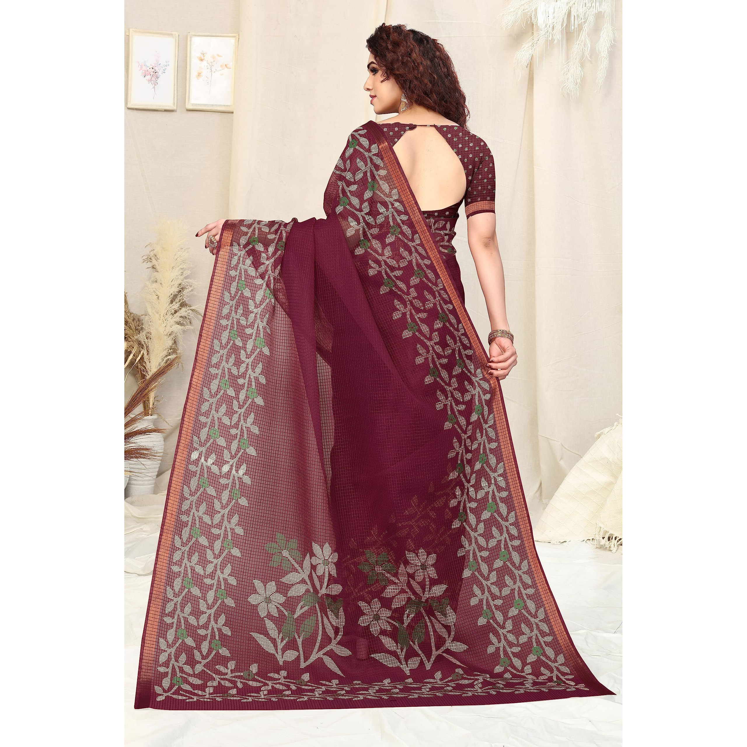 MIRCHI FASHION Womens Kota Doriya Cotton Blend Floral Printed Saree with Blouse Piece (38853-Maroon, Cream)