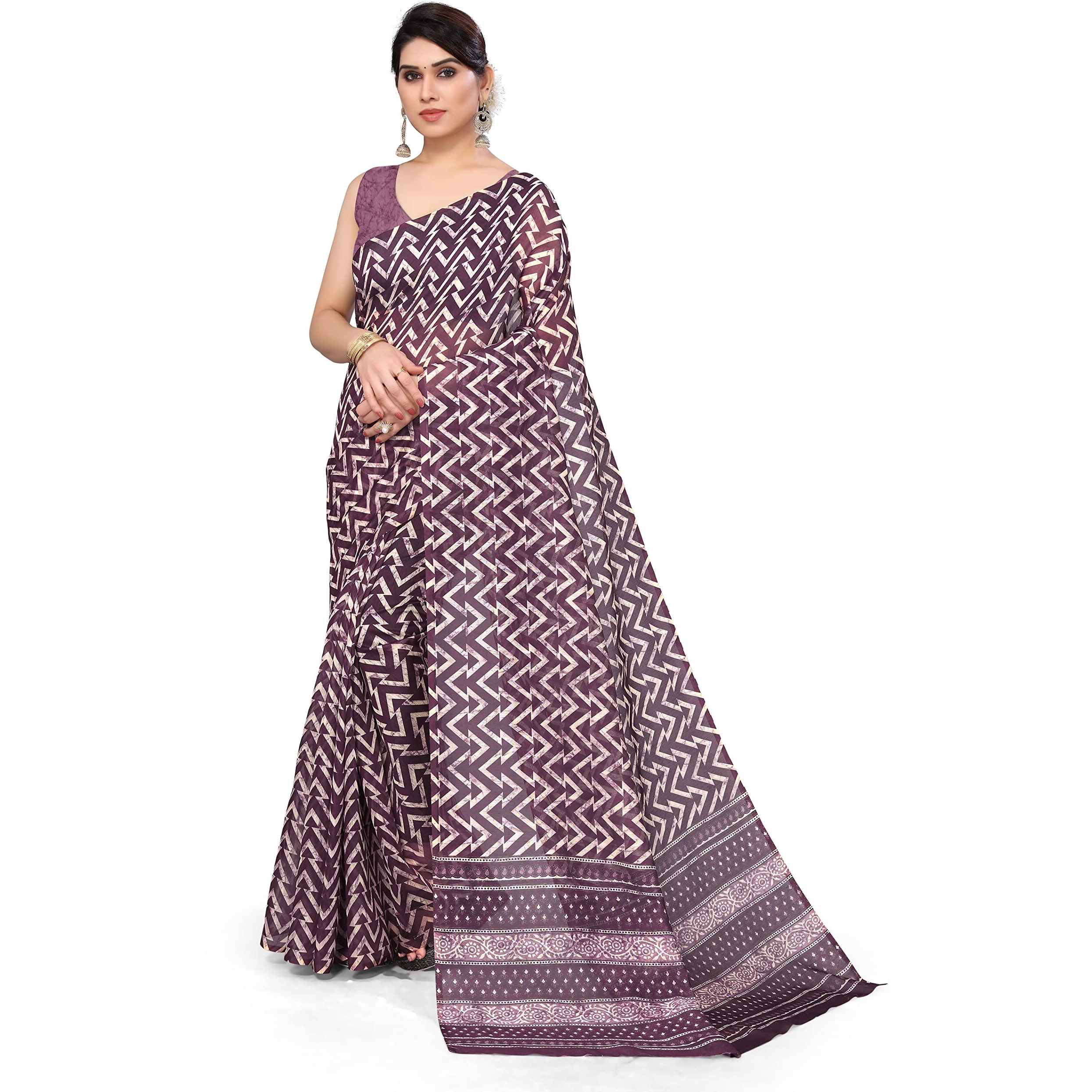MIRCHI FASHION Womens Plain Weave Cotton Blend Chevron Saree with Blouse Piece (37693-Wine and Cream)